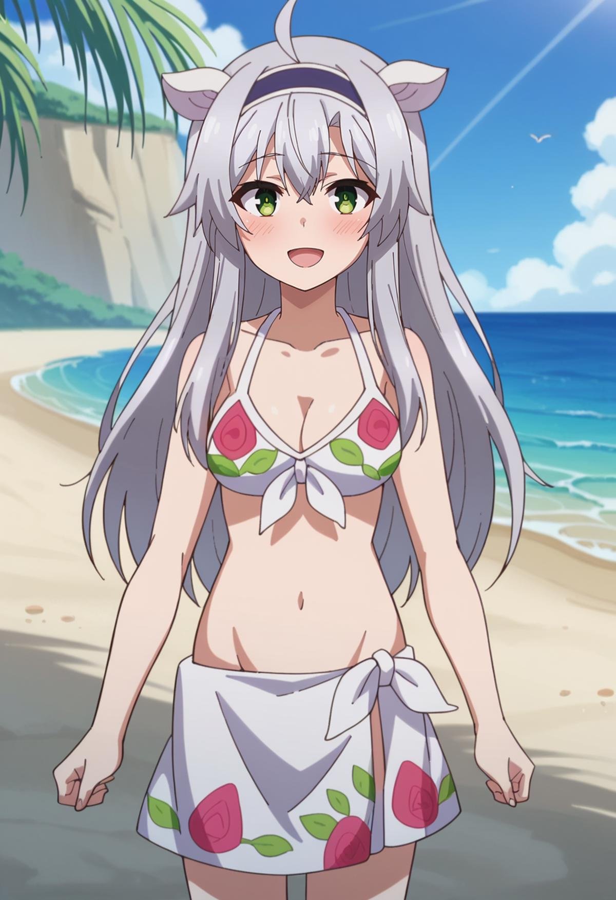 score_9, score_8_up, score_7_up, source_anime, <lora:Rokuaka_SistineFibelXL:0.8>, SistineFibel,1girl, solo, open mouth, light smile, blush,grey hair, green eyes, long hair, ahoge, animal ears, hairband,SistineBikini, frills, white bikini, print bikini, front-tie top, white sarong,standing, looking at the viewer,outdoors, beach, sand, ocean, blue sky, sunlight