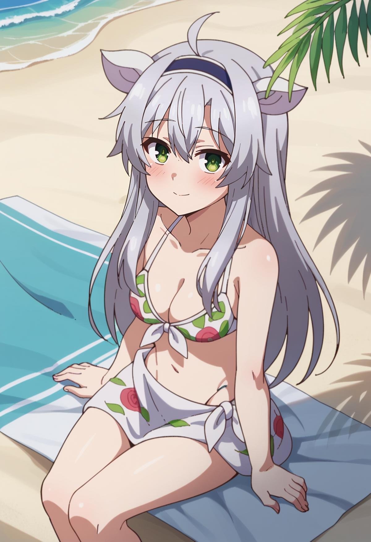 score_9, score_8_up, score_7_up, source_anime, <lora:Rokuaka_SistineFibelXL:0.8>, SistineFibel,1girl, solo, closed mouth, light smile, blush,grey hair, green eyes, long hair, ahoge, animal ears, hairband,SistineBikini, frills, white bikini, print bikini, front-tie top, white sarong,sitting, looking at the viewer, towel, from above,outdoors, beach, sand, ocean, blue sky, sunlight