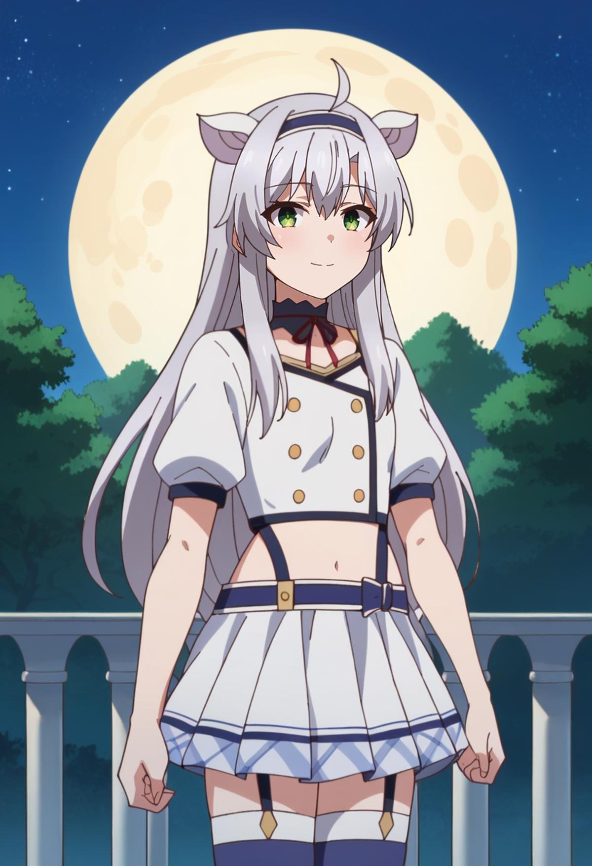 score_9, score_8_up, score_7_up, source_anime, <lora:Rokuaka_SistineFibelXL:0.8>, SistineFibel,1girl, solo, closed mouth, light smile,grey hair, green eyes, long hair, ahoge, animal ears, hairband,SistineSchool, choker, red ribbon, white shirt, crop top, garter straps, white skirt, blue thighhighs, buttons, short sleeves, asymmetrical clothes,standing, looking at the viewer,outdoors, forest, medieval, castle, balcony, moon, night, starry sky