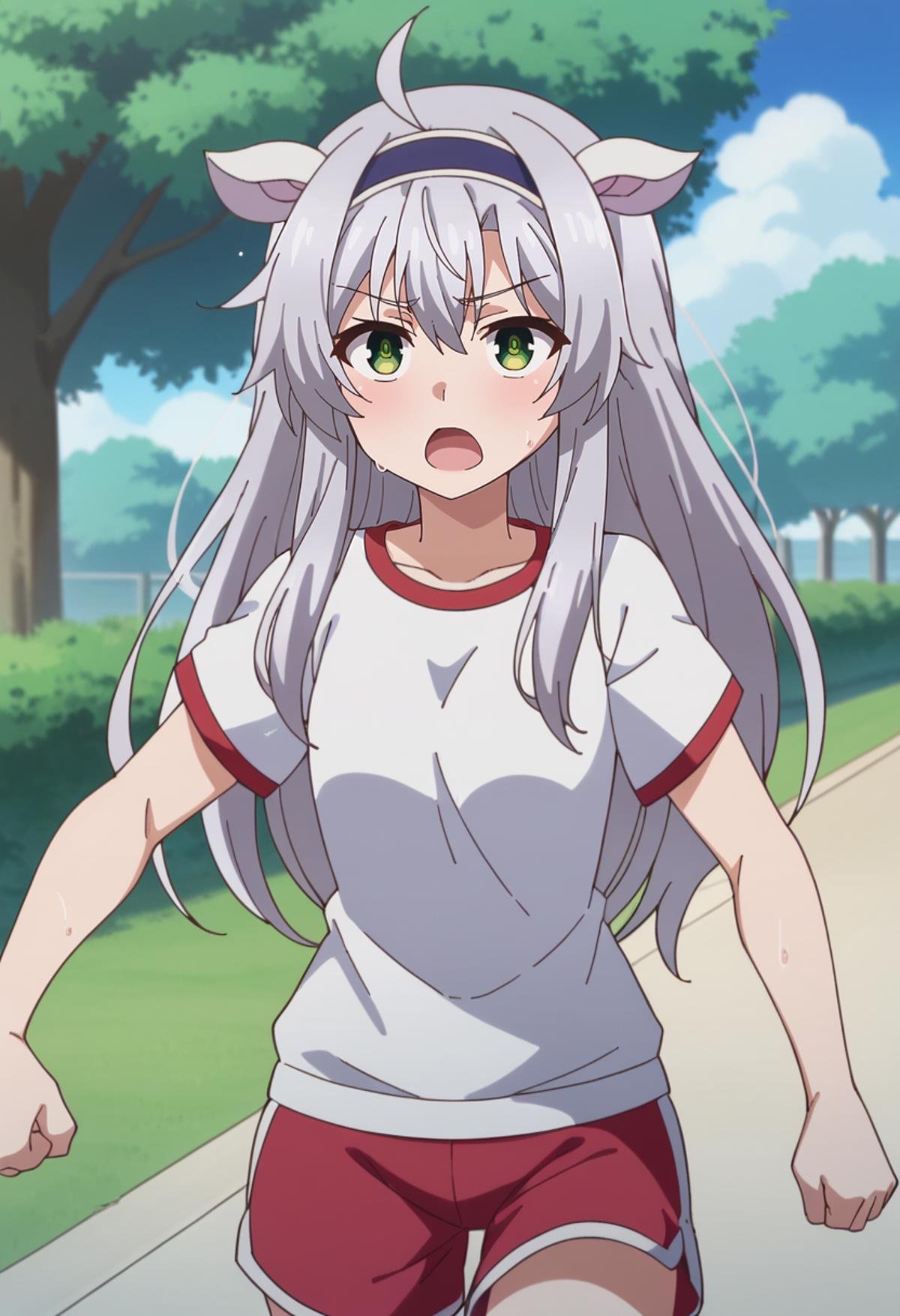 score_9, score_8_up, score_7_up, source_anime, <lora:Rokuaka_SistineFibelXL:0.8>, SistineFibel,1girl, solo, open mouth,  sweat,grey hair, green eyes, long hair, ahoge, animal ears, hairband,SistineGym, gym clothes, white shirt, red shorts,running, looking at the viewer,outdoors, park, tree, night sky