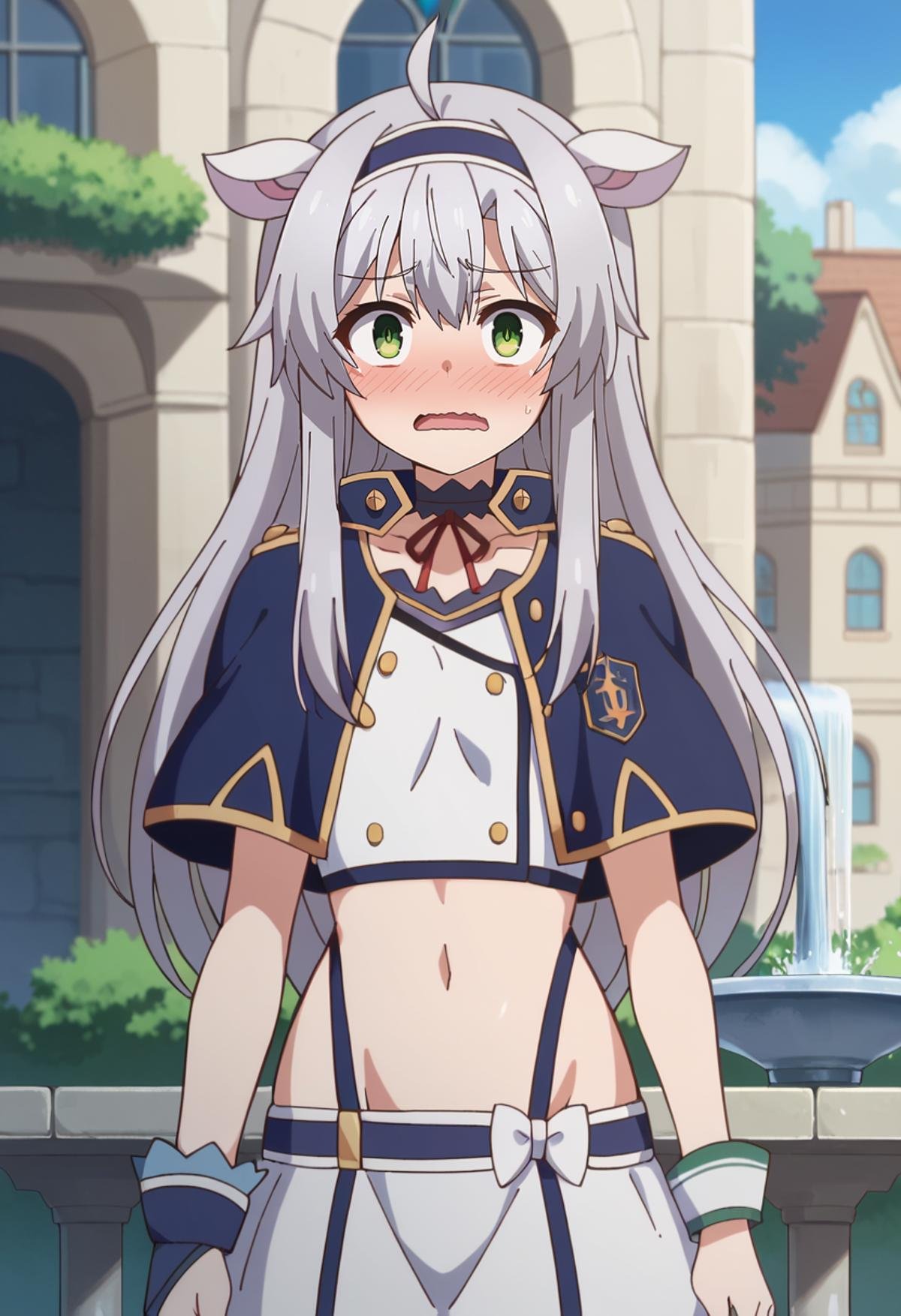 score_9, score_8_up, score_7_up, source_anime, <lora:Rokuaka_SistineFibelXL:0.8>, SistineFibel,1girl, solo, open mouth, wavy mouth, blush, embarassed,grey hair, green eyes, long hair, ahoge, animal ears, hairband,SistineSchool, asymmetrical clothes, blue capelet, choker, red ribbon, white shirt, crop top, garter straps, white skirt, buttons, short sleeves, navel, single wrist cuff, single glove,standing, looking at the viewer,outdoors, medieval, fantasy, city, fountain, blue sky, sunlight