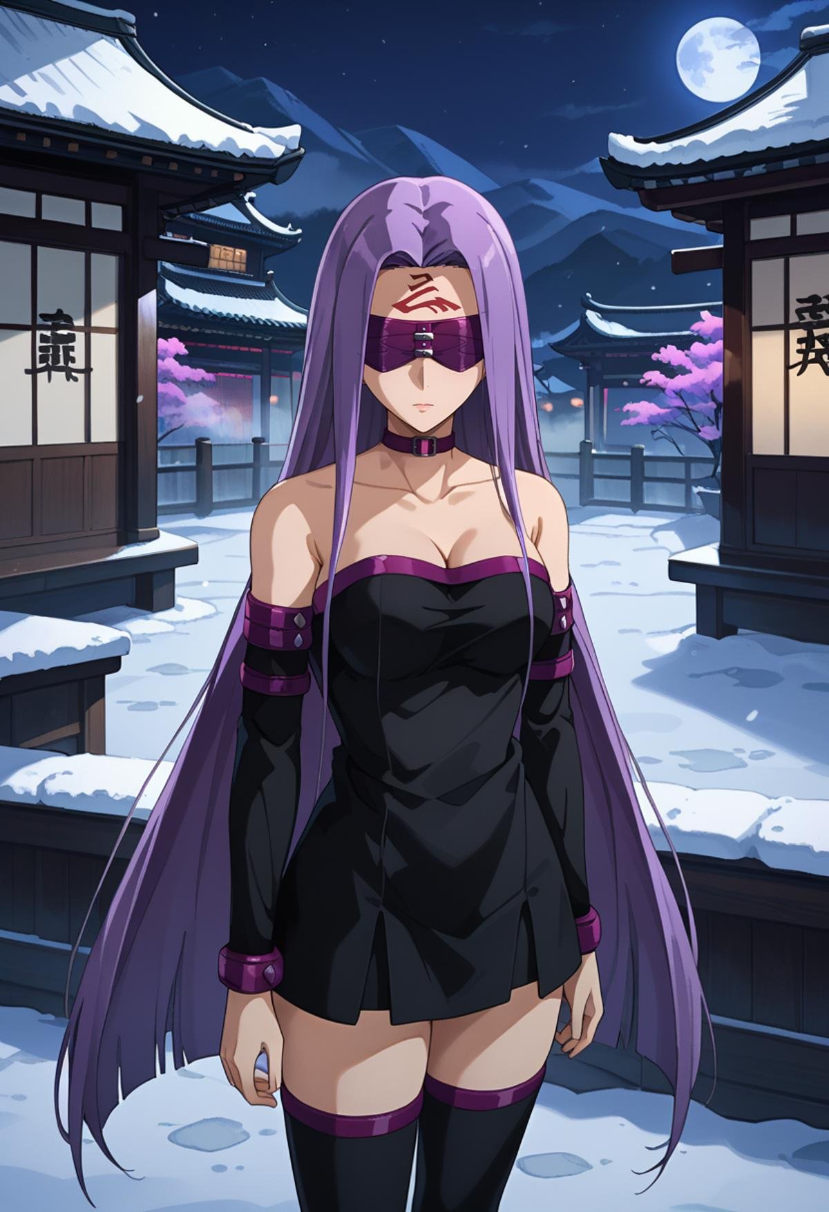 score_9,<lora:FateStayNightUBW_MedusaXL:0.9>, MedusaFS,1girl, solo,purple hair, long hair, blindfold, forehead mark,MedusaDress, purple choker, strapless dress, black dress, cleavage, medium breasts, detached sleeves, black thighhighs,standing, looking at viewer,night, outdoors, east asian architecture, moon, snow, fog