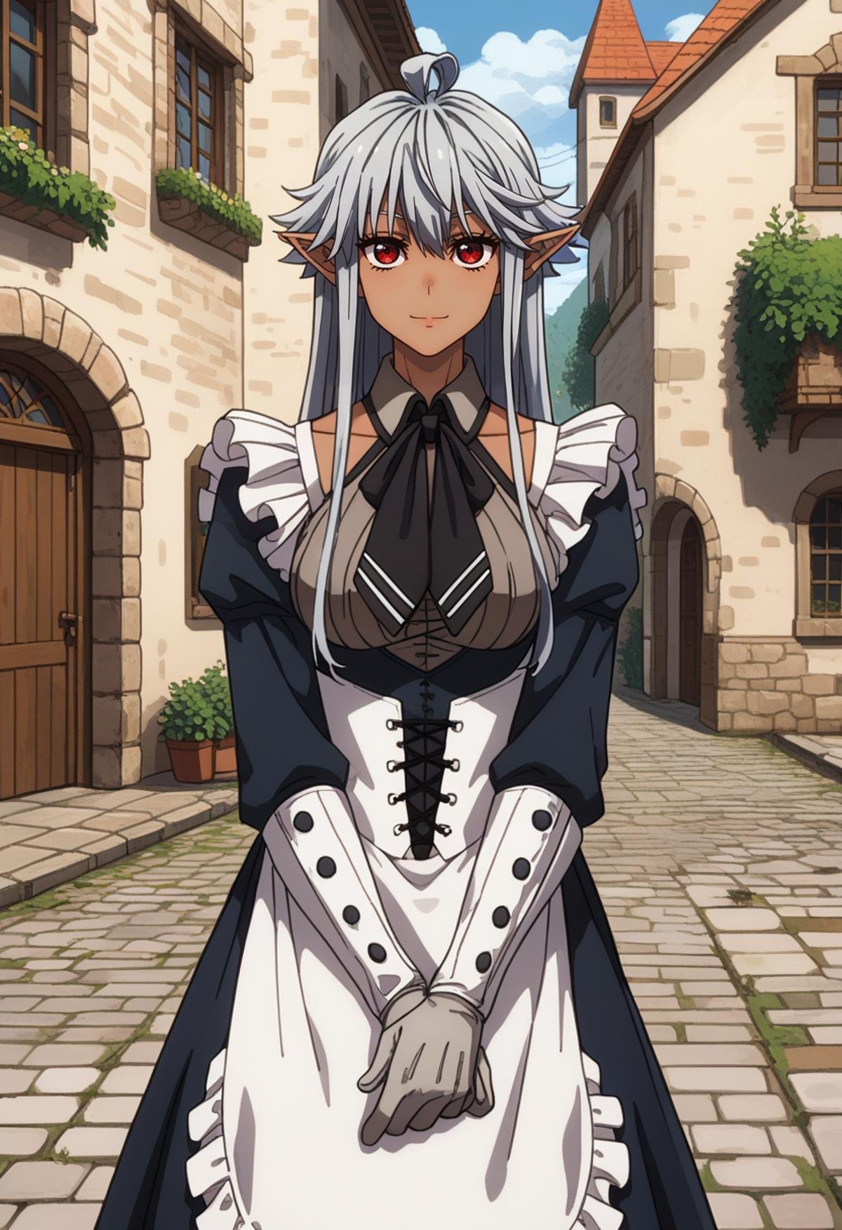 score_9, score_8_up,<lora:ShinmaiOssanBoukensha_ReanetteElfeltXL:0.8>, ReanetteElfelt,1girl, solo, light smile,dark skin, grey hair, red eyes, long hair, pointy ears, ahoge,maid, maid headdress, black dress, frills, clothing cutout, black neckerchief, corset, apron, white gloves,standing, looking at viewer,outdoors, street, medieval