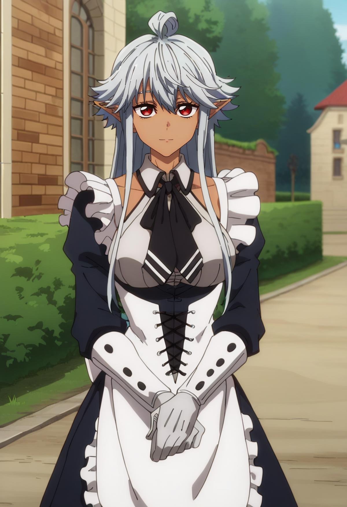 score_7_up, anime screencap,<lora:ShinmaiOssanBoukensha_ReanetteElfeltXL:0.8>, ReanetteElfelt,1girl, solo, light smile,dark skin, grey hair, red eyes, long hair, pointy ears, ahoge,maid, maid headdress, black dress, frills, clothing cutout, black neckerchief, corset, apron, white gloves,standing, looking at viewer,outdoors, street, medieval