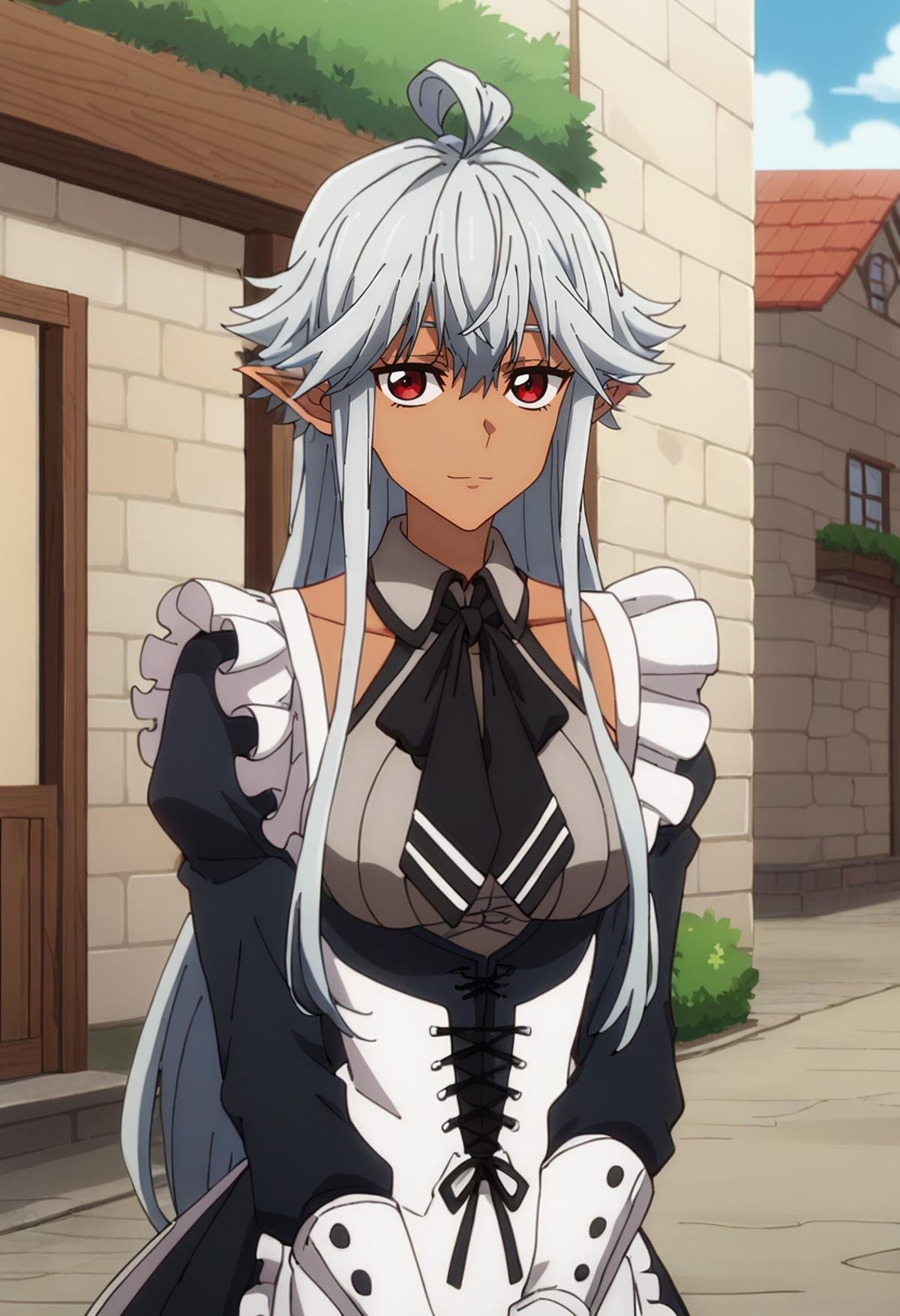 score_7_up, anime screencap,<lora:ShinmaiOssanBoukensha_ReanetteElfeltXL:0.8>, ReanetteElfelt,1girl, solo, light smile,dark skin, grey hair, red eyes, long hair, pointy ears, ahoge,maid, maid headdress, black dress, frills, clothing cutout, black neckerchief, corset, apron, white gloves,standing, looking at viewer,outdoors, street, medieval