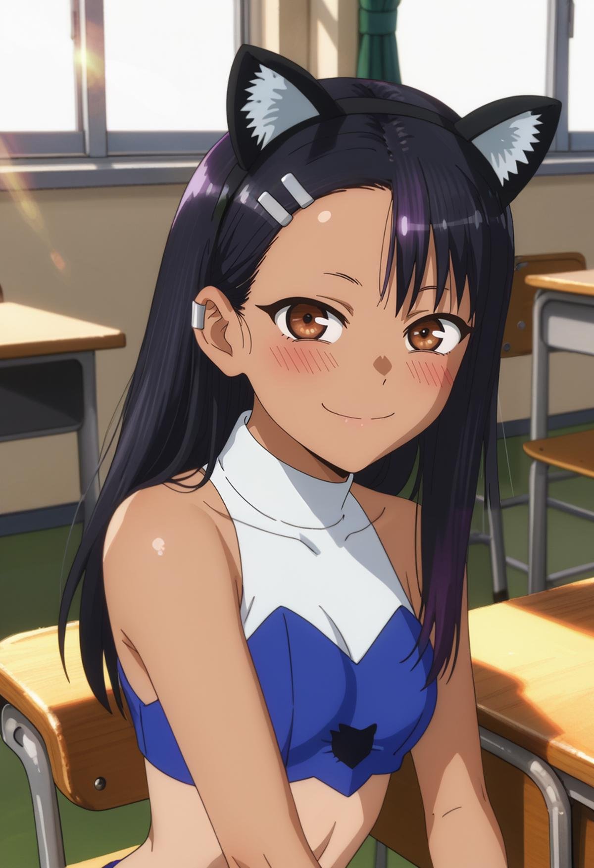 score_7_up, anime screencap,<lora:IjiranaideNagatoro_NagatoroXL:0.8>, Nagatoro,1girl, solo, closed mouth, light blush, light smile, dark skin, long hair, multicolored hair, black hair, purple hair, asymmetrical bangs, brown eyes, hairclip, earclip, fake animal ears, black hairband,Nekotaro, crop top, sleeveless shirt, blue shirt, white shirt,looking at viewer, close-up,indoors, classroom, lens flare, evening