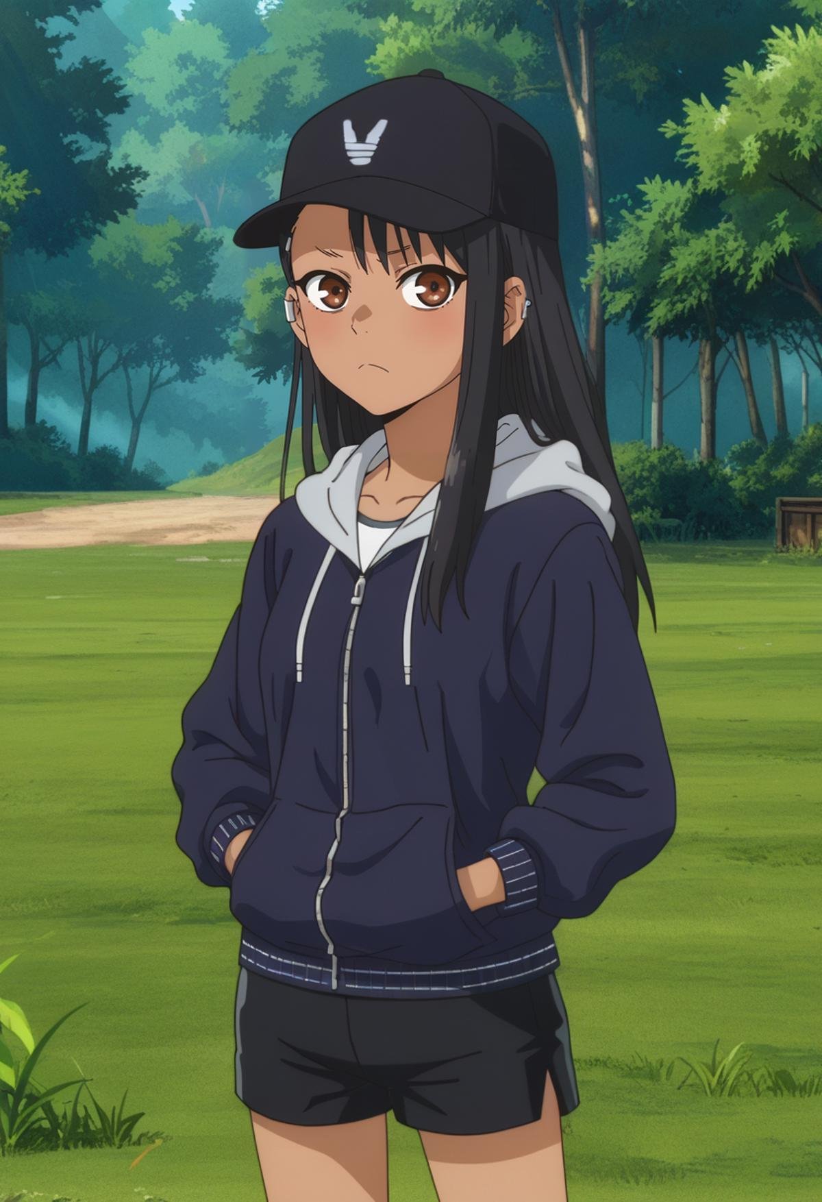 score_7_up, anime screencap,<lora:IjiranaideNagatoro_NagatoroXL:0.8>, Nagatoro, NagatoroStyle,1girl, solo, frown,dark skin, long hair, black hair, asymmetrical hair, brown eyes, earclip,NagatoroCasual, baseball cap, black headwear, hooded jacket, blue jacket, zipper, black shorts,standing, looking at viewer, thigh gap,outdoors, forest, grass