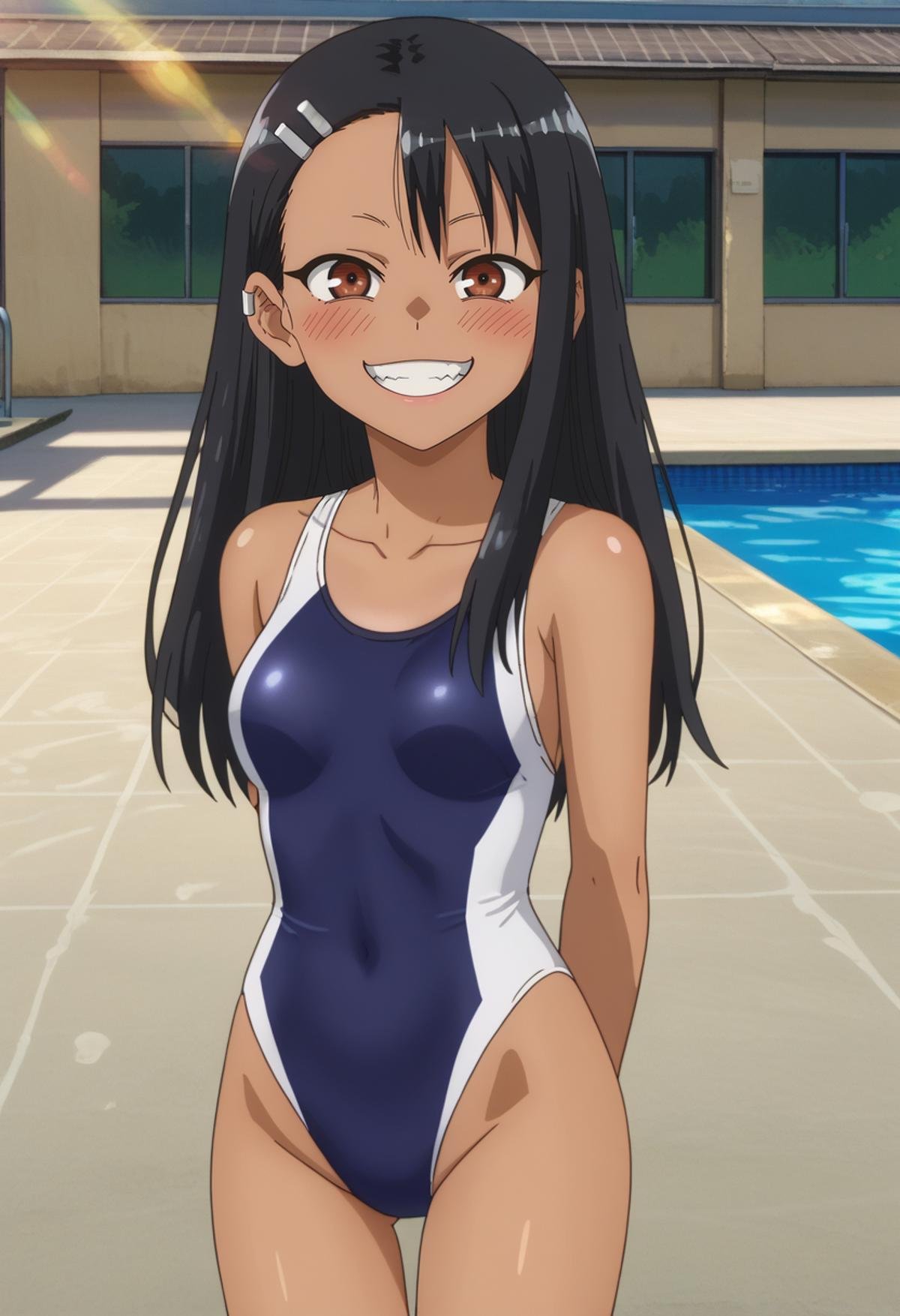 score_7_up, anime screencap,<lora:IjiranaideNagatoro_NagatoroXL:0.8>, Nagatoro,1girl, solo, crazy smile, crazy eyes,dark skin, long hair, black hair, asymmetrical hair, brown eyes, hairclip, earclip,NagatoroSwimsuit, competition swimsuit, standing, looking at viewer, arms behind back, thigh gap,school, pool, evening, lens flare