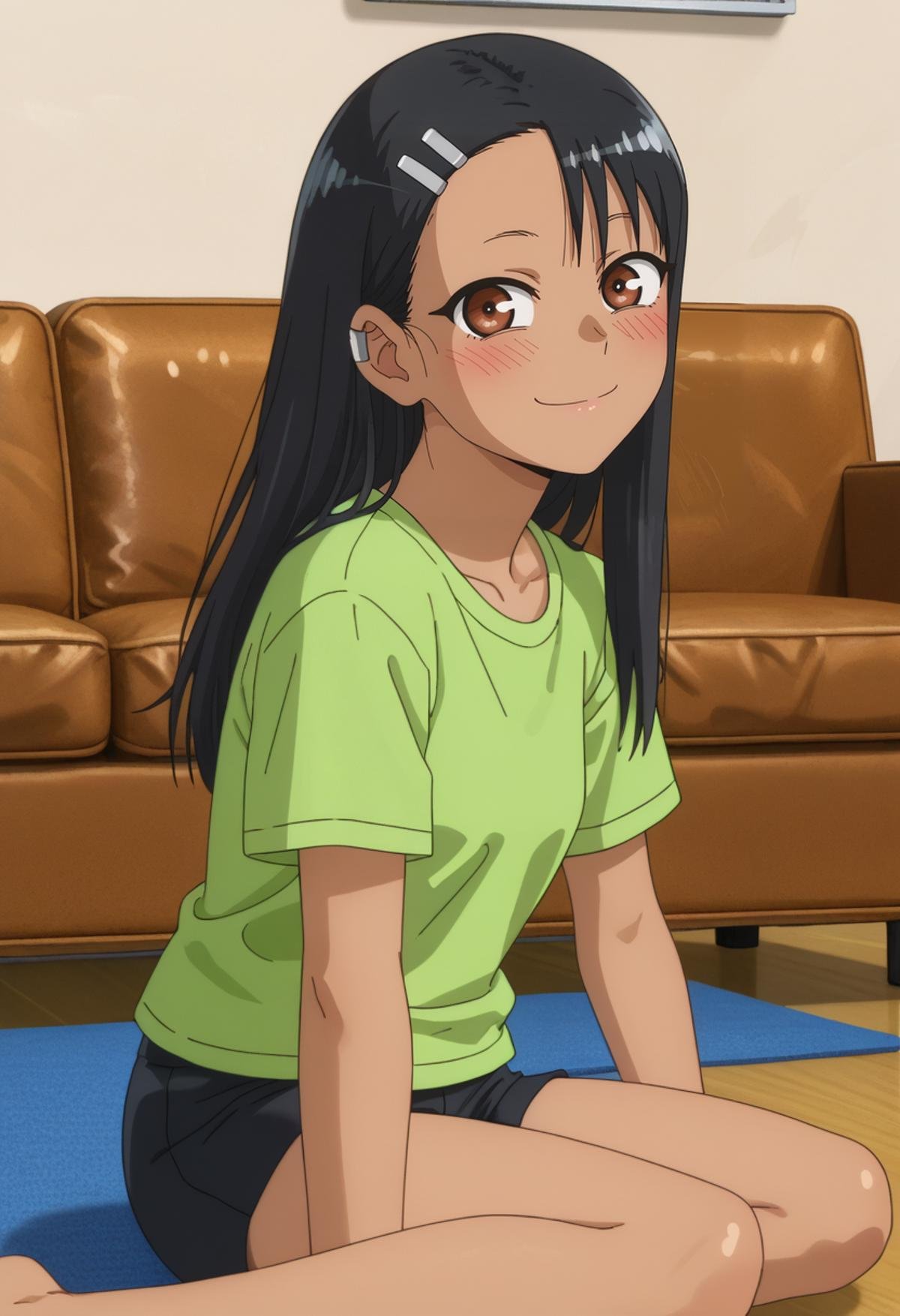 score_7_up, anime screencap,<lora:IjiranaideNagatoro_NagatoroXL:0.8>, Nagatoro,1girl, solo, closed mouth, light smile, light blush,dark skin, long hair, black hair, asymmetrical hair, brown eyes, hairclip, earclip,NagatoroHome, t-shirt, green shirt, short sleeves, black shorts,sitting, on floor, looking at viewer,indoors, couch