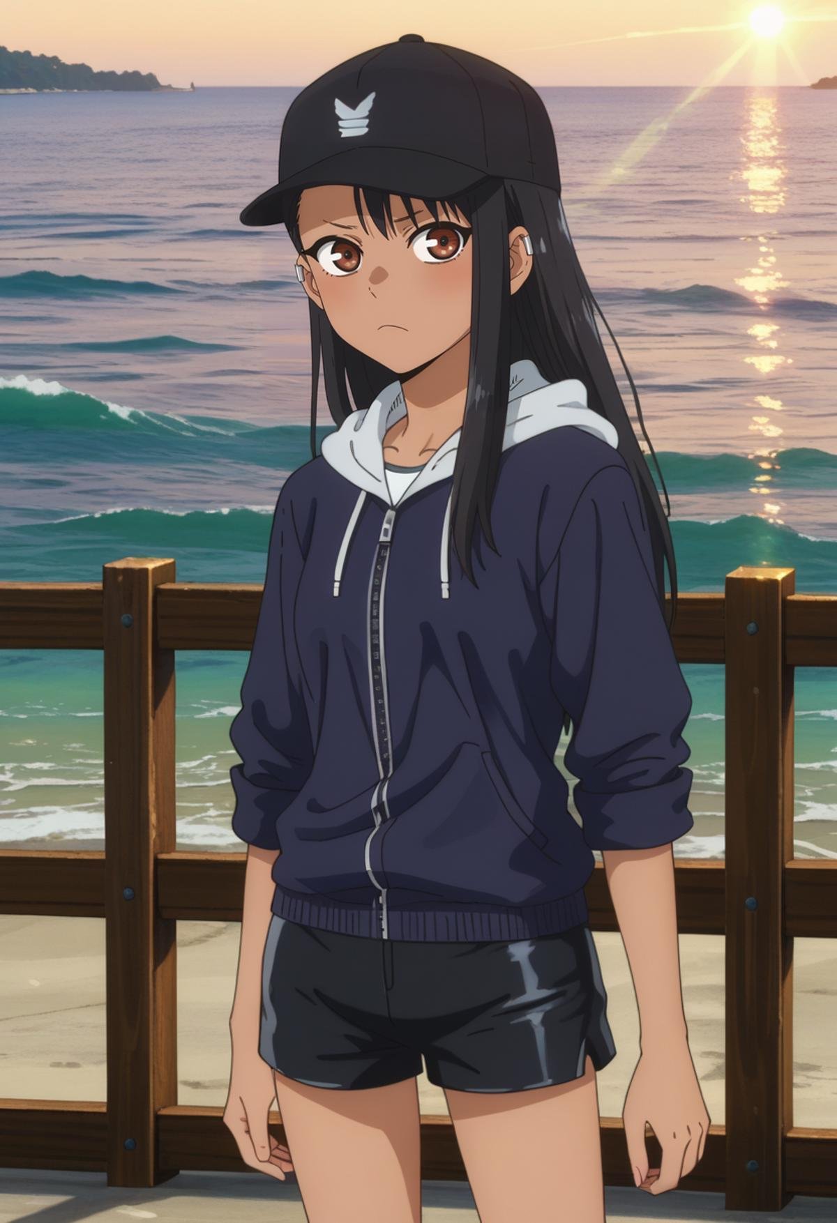 score_7_up, anime screencap,<lora:IjiranaideNagatoro_NagatoroXL:0.8>, Nagatoro,1girl, solo, frown,dark skin, long hair, multicolored hair, black hair, asymmetrical hair, brown eyes, earclip,NagatoroCasual, baseball cap, black headwear, hooded jacket, blue jacket, sleeves rolled up, zipper, black shorts, standing, looking at viewer, thigh gap,outdoors, horizon, fence, ocean, lens flare, evening