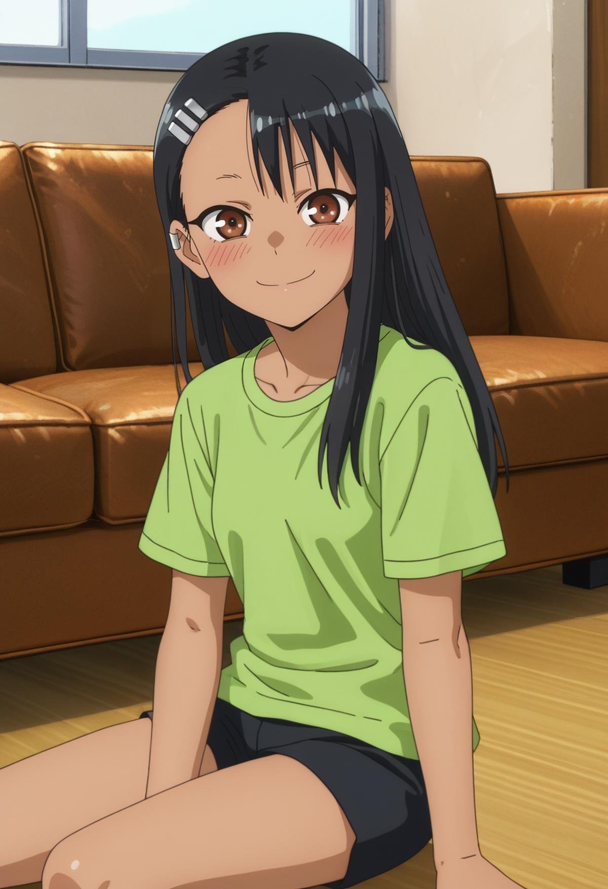 score_7_up, anime screencap,<lora:IjiranaideNagatoro_NagatoroXL:0.8>, Nagatoro,1girl, solo, closed mouth, light smile, light blush,dark skin, long hair, black hair, asymmetrical hair, brown eyes, hairclip, earclip,NagatoroHome, t-shirt, green shirt, short sleeves, black shorts,sitting, on floor, looking at viewer,indoors, couch