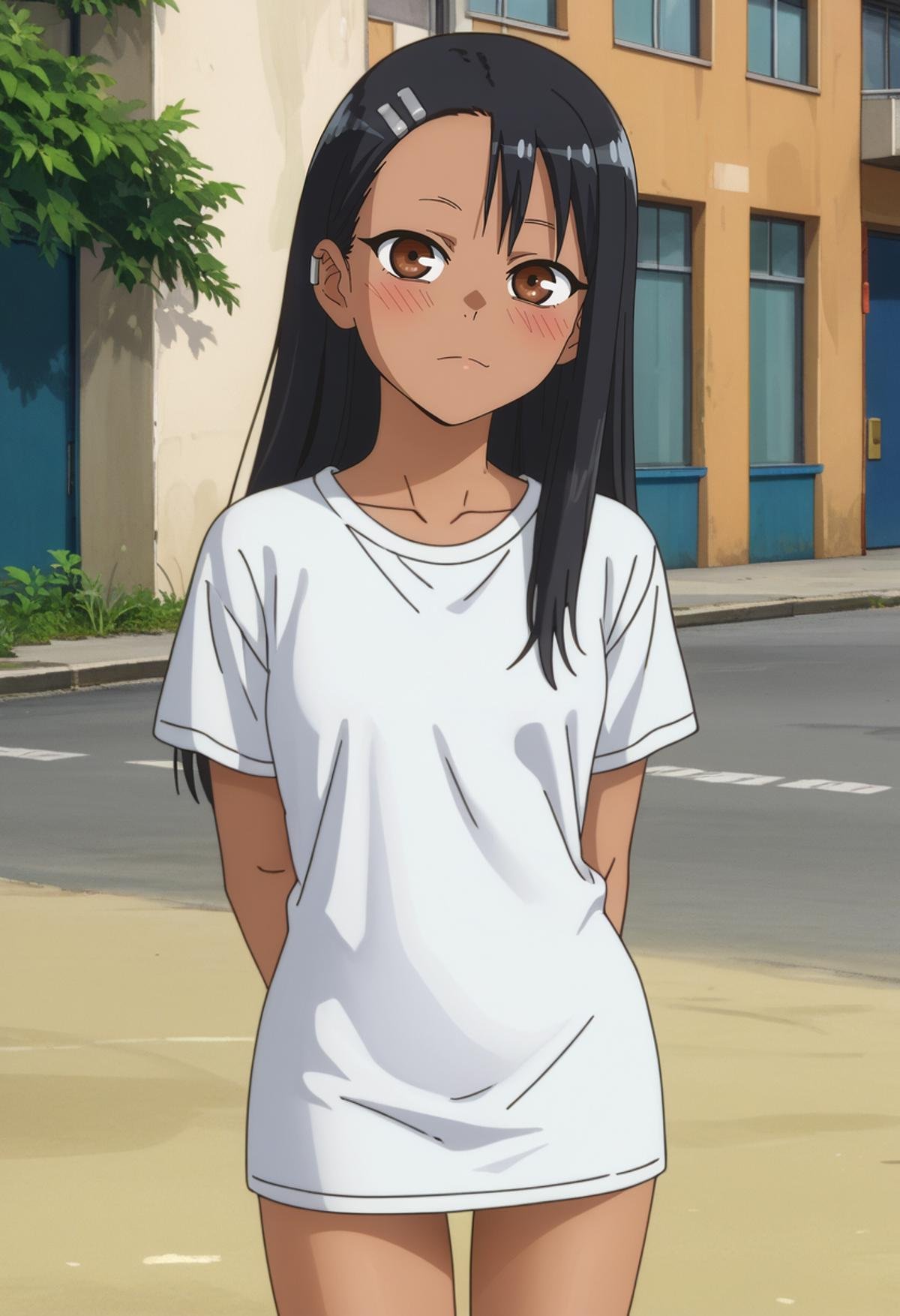 score_7_up, anime screencap,<lora:IjiranaideNagatoro_NagatoroXL:0.8>, Nagatoro,1girl, solo, closed mouth, head tilt,dark skin, long hair, black hair, asymmetrical hair, brown eyes,NagatoroShirt, t-shirt, naked shirt, long shirt, white shirt,standing, looking at viewer, arms behind back, thigh gap,outdoors, street