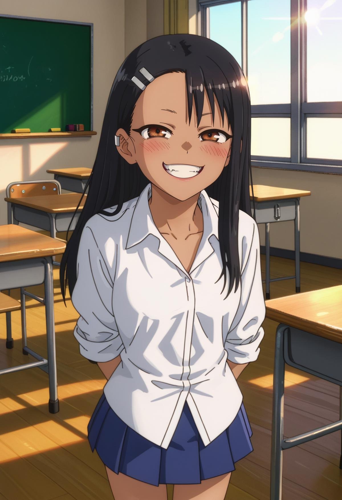 score_7_up, anime screencap,<lora:IjiranaideNagatoro_NagatoroXL:0.8>, Nagatoro, NagatoroStyle,1girl, solo, open mouth, grin, teeth, light blush,dark skin, long hair, multicolored hair, black hair, asymmetrical bangs, half-closed eyes, brown eyes, hairclip, earclip, NagatoroSchool, dress shirt, white shirt, pleated skirt, blue skirt, sleeves rolled up,standing, looking at viewer, thigh gap, arms behind back,indoors, classroom, lens flare, evening