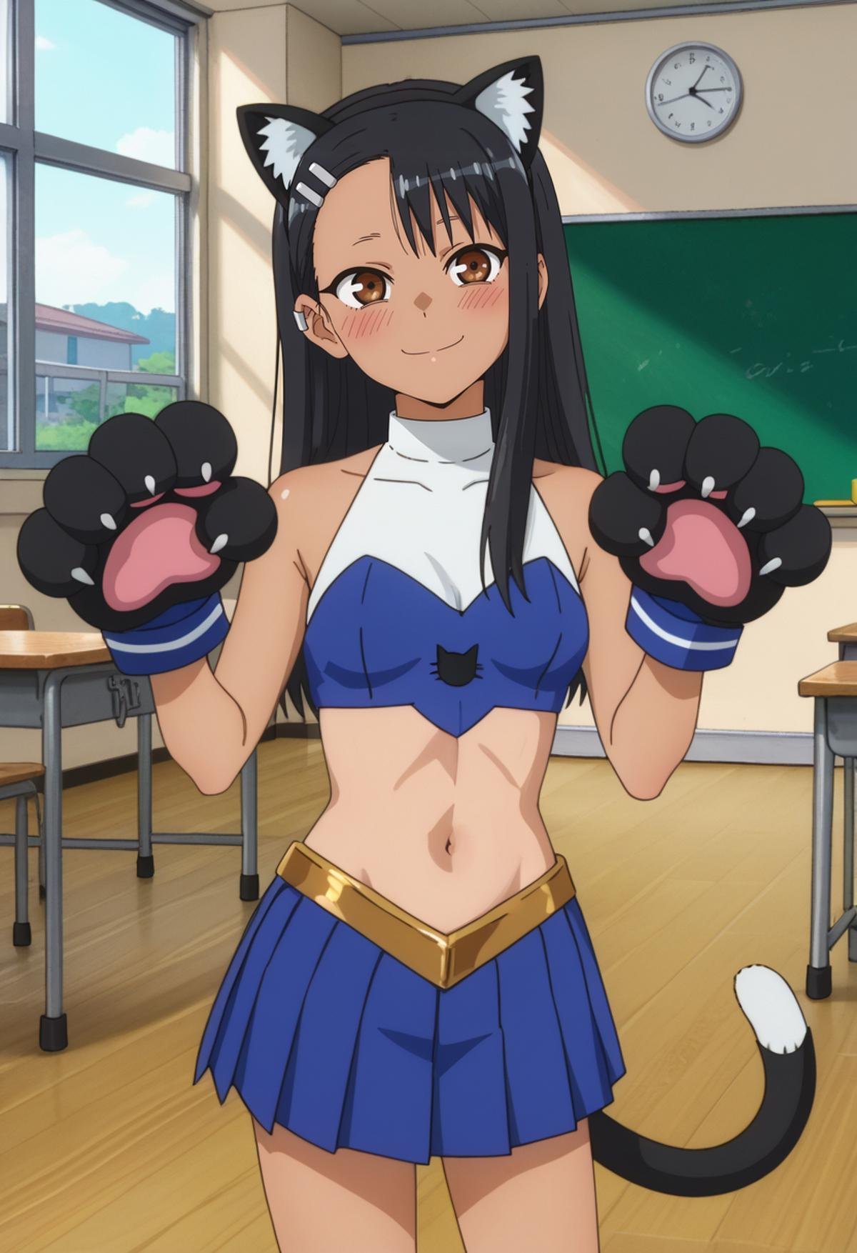 score_7_up, anime screencap,<lora:IjiranaideNagatoro_NagatoroXL:0.8>, Nagatoro,1girl, solo, closed mouth, light blush, light smile,dark skin, long hair, black hair, asymmetrical bangs, brown eyes, hairclip, earclip, fake animal ears, black hairband,Nekotaro, crop top, sleeveless shirt, blue shirt, white shirt, navel, gold trim, pleated skirt, blue skirt, paw gloves, black gloves, cat paws, cat tail, standing, looking at viewer, thigh gap,indoors, classroom