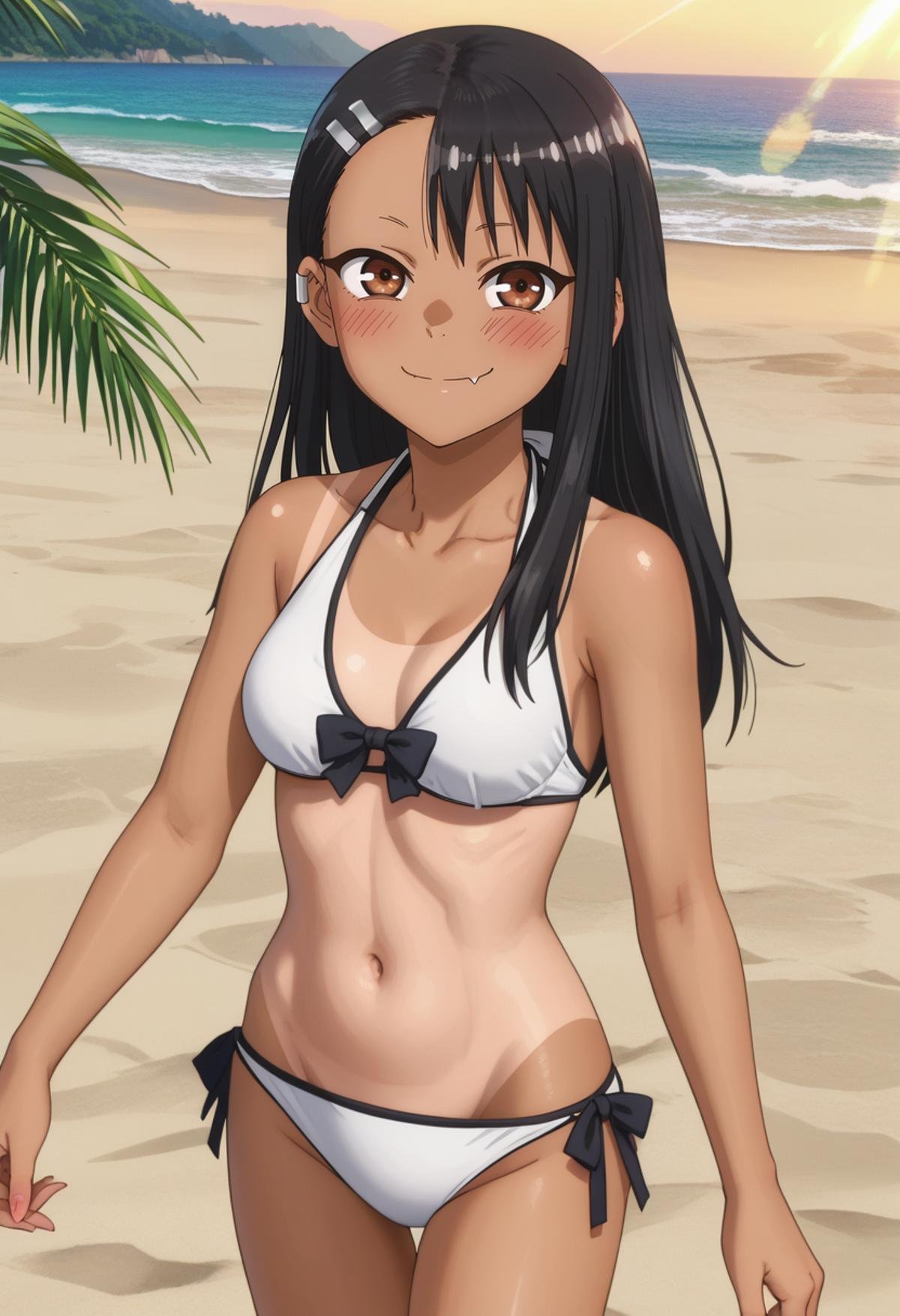 score_7_up, anime screencap,<lora:IjiranaideNagatoro_NagatoroXL:0.8>, Nagatoro,1girl, solo, closed mouth, light smile, skin fang, light blush,dark skin, long hair, black hair, asymmetrical bangs, brown eyes, hairclip, earclip, NagatoroBikini, tanlines, halterneck, white bikini, bow bikini, black bow, side-tie bikini bottom,standing, looking at viewer, thigh gap,horizon, beach, palm tree, lens flare, evening