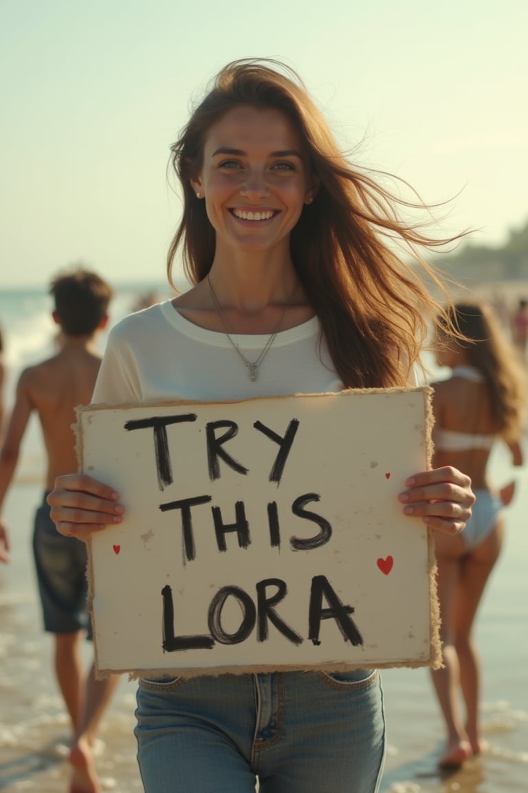 (( film grain, cinematic film still, RAW photo, dark, intricate detail, analogue RAW, vintage aesthetic, grainy, niosy, gritty, grunge, vintage paper, extremely detailed, ))
.
.
Portrait of Beautiful woman, Holding a sign saying "TRY THIS LORA", Wearing a white t-shirt, jeans, walking along the beach, late afternoon, many small children behind him playing, the wind blowing his brown hair.