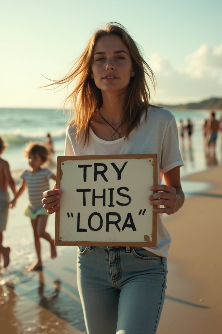 (( film grain, cinematic film still, RAW photo, dark, intricate detail, analogue RAW, vintage aesthetic, grainy, niosy, gritty, grunge, vintage paper, extremely detailed, ))
.
.
Portrait of Beautiful woman, Holding a sign saying "TRY THIS LORA", Wearing a white t-shirt, jeans, walking along the beach, late afternoon, many small children behind him playing, the wind blowing his brown hair.