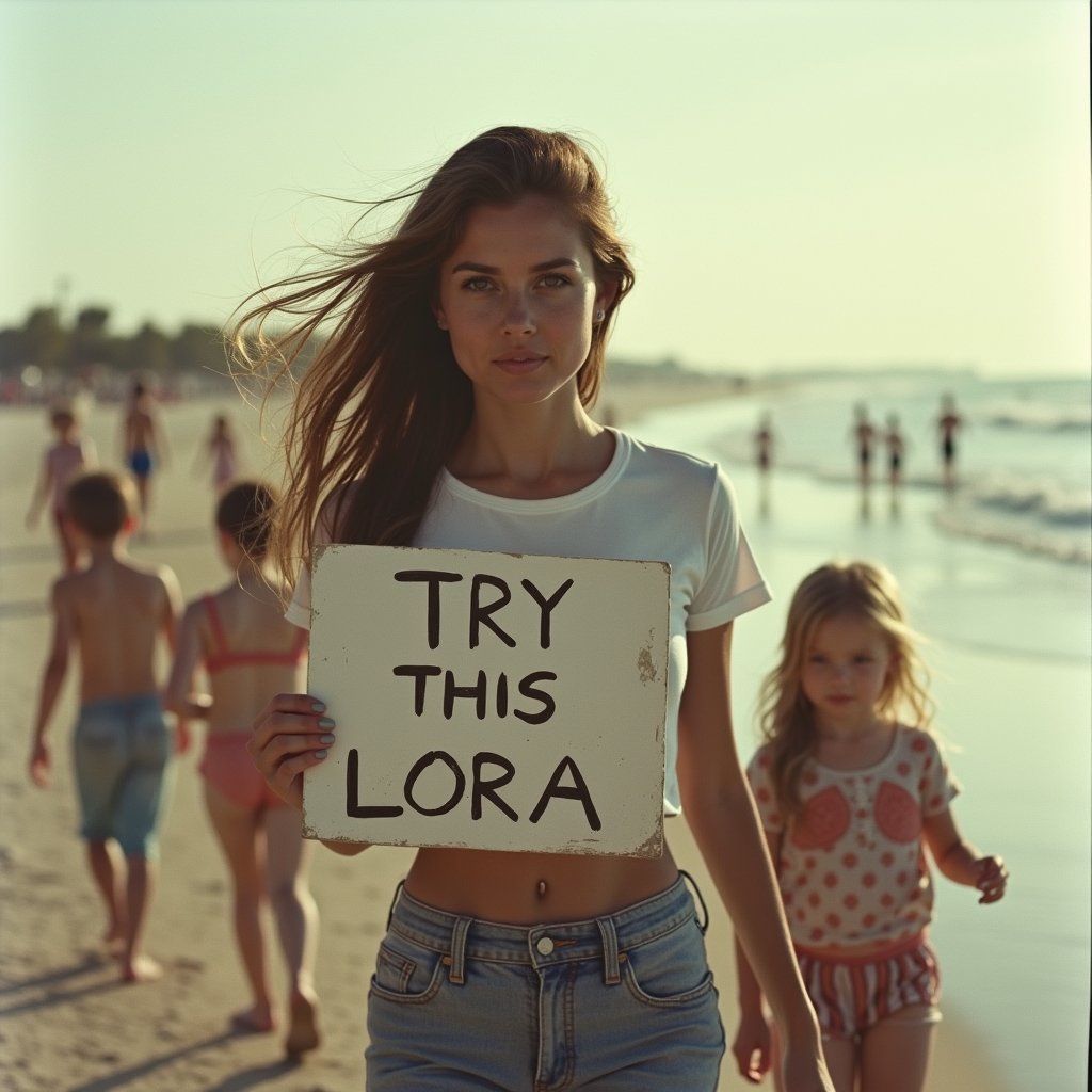 (( film grain, cinematic film still, RAW photo, dark, intricate detail, analogue RAW, vintage aesthetic, grainy, niosy, gritty, grunge, vintage paper, extremely detailed, ))
.
.
Portrait of Beautiful woman, Holding a sign saying "TRY THIS LORA", Wearing a white t-shirt, jeans, walking along the beach, late afternoon, many small children behind him playing, the wind blowing his brown hair.