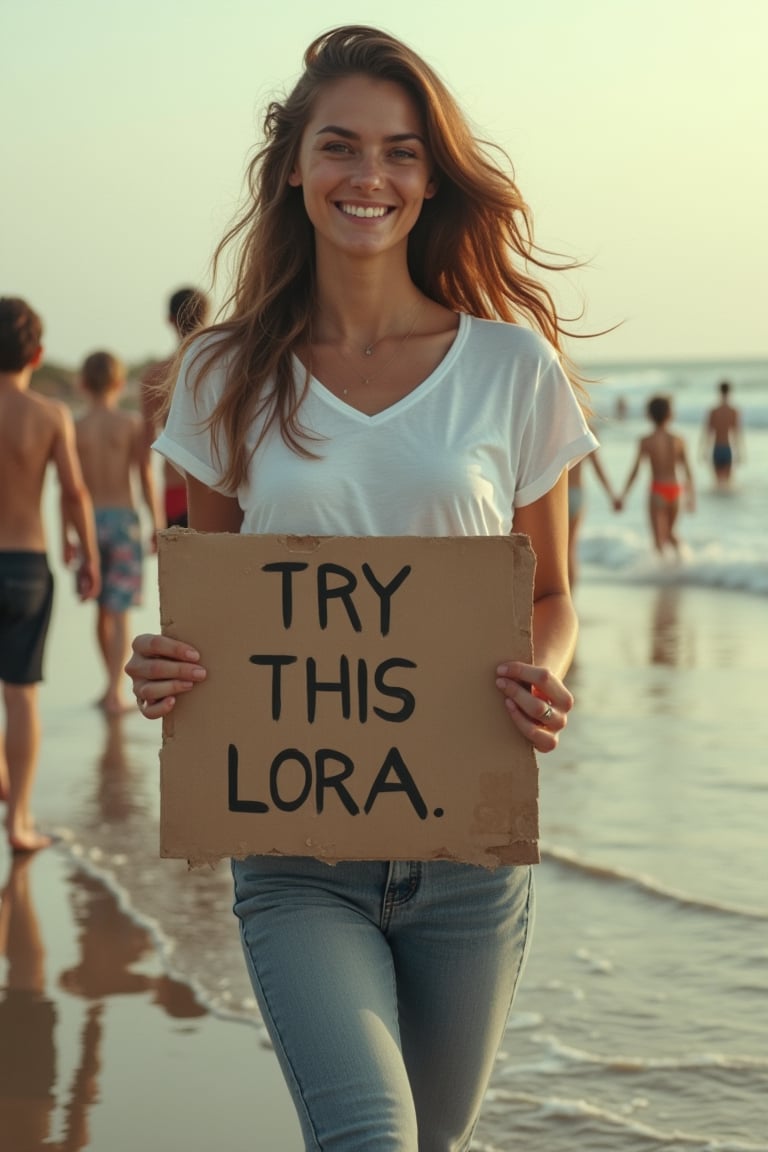 (( film grain, cinematic film still, RAW photo, dark, intricate detail, analogue RAW, vintage aesthetic, grainy, niosy, gritty, grunge, vintage paper, extremely detailed, ))
.
.
Portrait of Beautiful woman, Holding a sign saying "TRY THIS LORA", Wearing a white t-shirt, jeans, walking along the beach, late afternoon, many small children behind him playing, the wind blowing his brown hair.