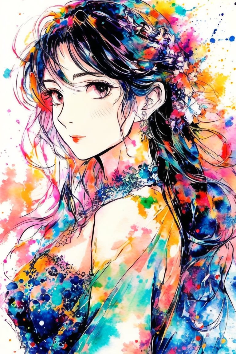 A very beautiful anime girl dressing a elegant dress, her dress is made by ink, looking at viewer, radiant gaze, (front view), upper body, close up, ink brushstrokes in background mastepiece quality, stunning image, colorful, Ink art style.
