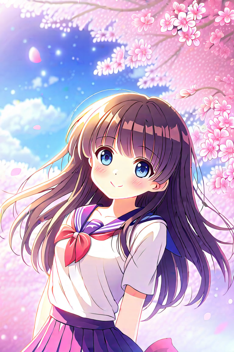 A cute anime girl next to a cherry blossom tree
