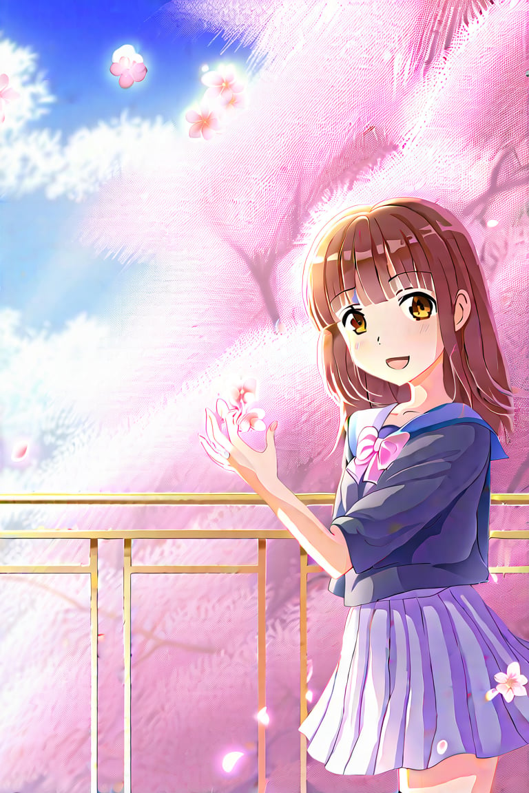 A cute anime girl next to a cherry blossom tree
