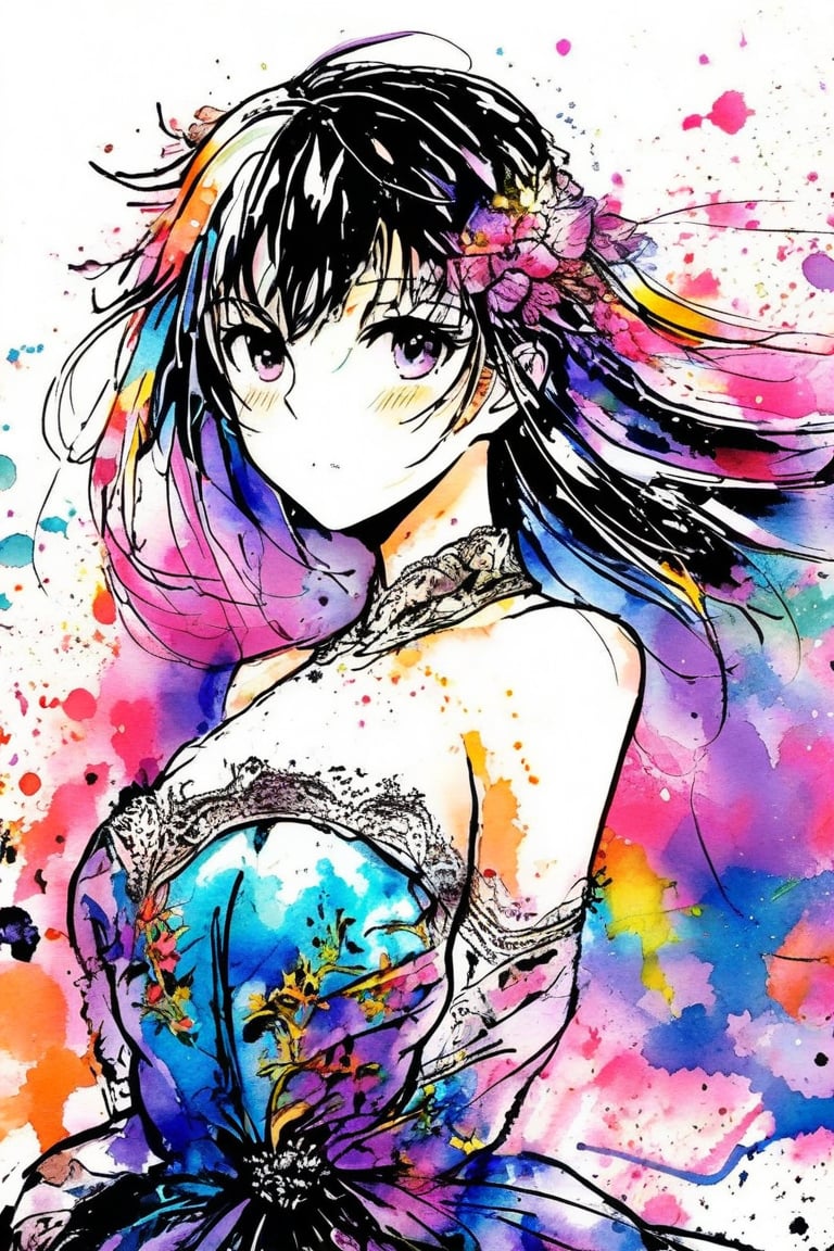 A very beautiful anime girl dressing a elegant dress, her dress is made by ink, looking at viewer, radiant gaze, (front view), upper body, close up, ink brushstrokes in background mastepiece quality, stunning image, colorful, Ink art style.
