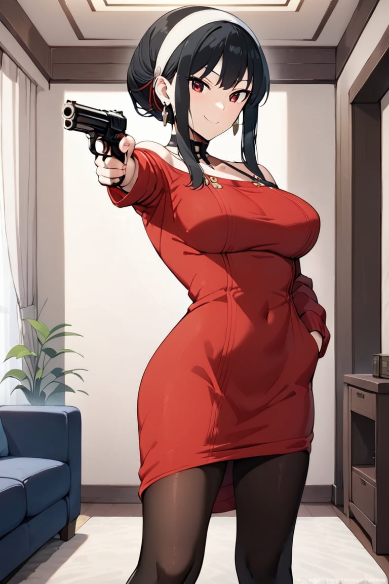  Red dress , pantyhose ,  living room , at home , Smile , 
 ( masterpiece , ultra Detailed   ) ,
Red eye, black hair, sidelocks , rolled up back hair    , hair band  , long sleeve , tight dress , earrings , white hair band , shoulders , 
TURKISH KILLER POSE,LOOKING AT GUN, AIMING,HOLDING HANDGUN, HAND IN POCKET,WITH CIGARETTE