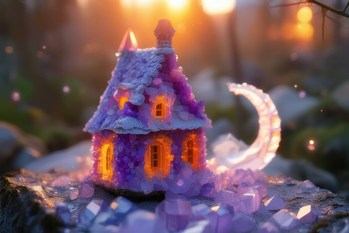 
Hunyuanamethyst,house in an enchanted forest with fairy lights, night time, crescent moon