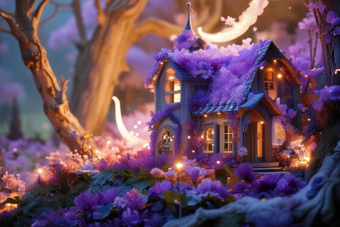 
Hunyuanamethyst,house in an enchanted forest with fairy lights, night time, crescent moon