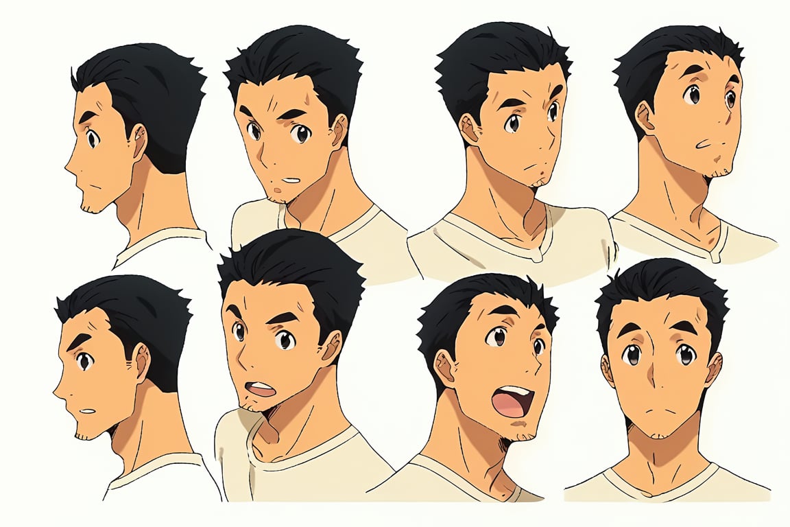 score_8_up, score_7_up, masterpiece, best quality, best aesthetics, perfect anatomy, perfect proportions, high resolution, good colors, bright skin, good shading, countershading, well detailed background, focus, white background, 1boy, solo, multiple faces, four faces, separate faces,  reference sheet, expressions, different expressions, multiple views, different views, Takeo_Kurata, black hair, black eyes,