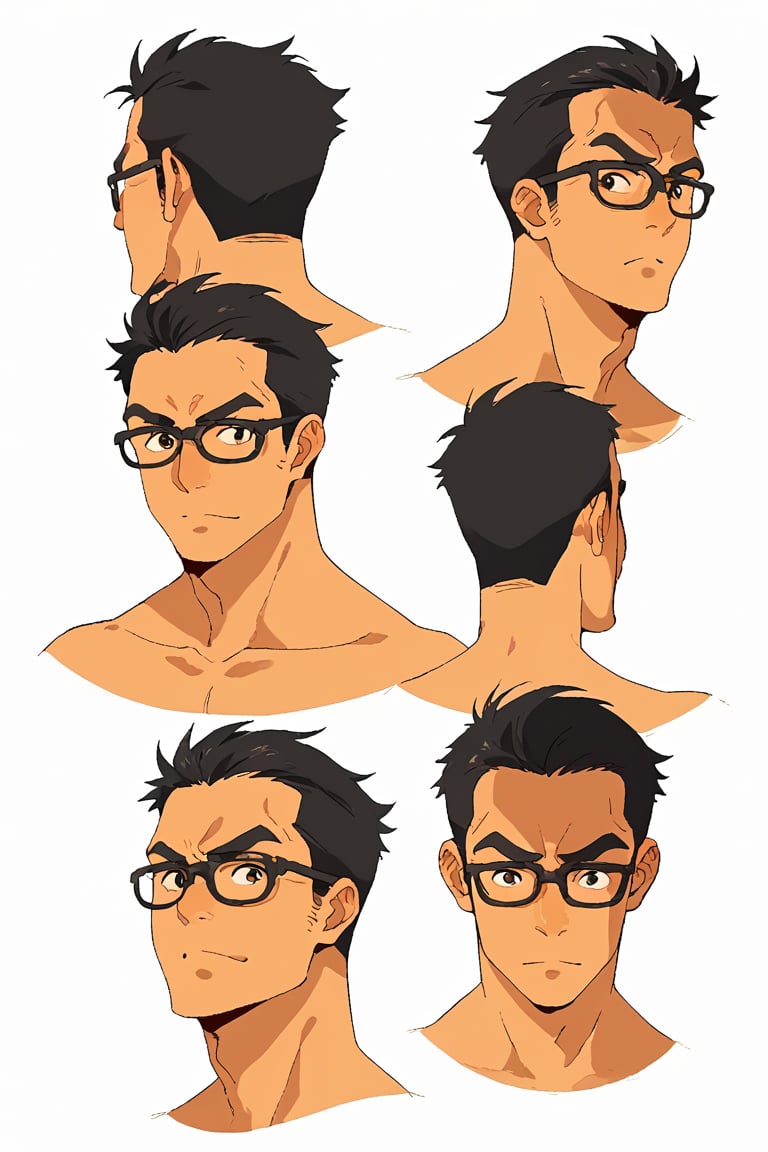 score_8_up, score_7_up, masterpiece, best quality, best aesthetics, absurdres, high resolution, good colors, bright skin, good shading, countershading, focus male, white background, 1boy, solo, six faces, 
separate faces, different expressions, reference sheet, expressions, multiple views, short hair, black hair, glasses, black eyes, 