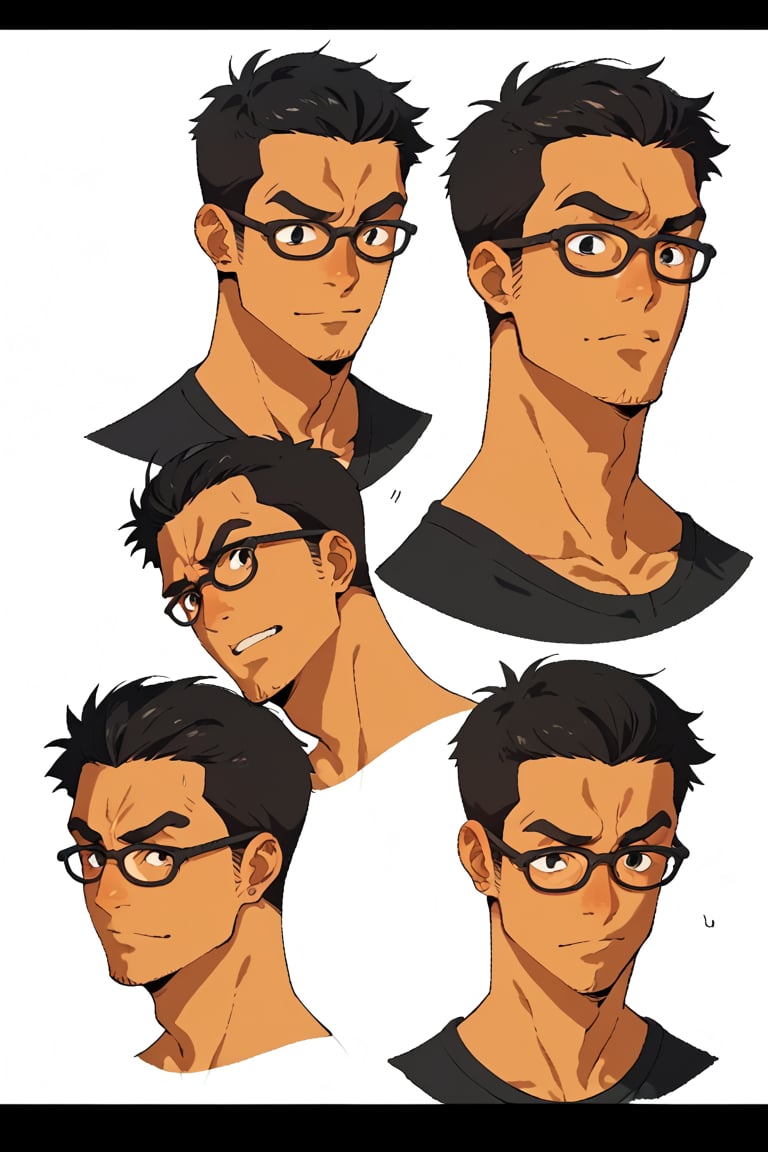 score_8_up, score_7_up, masterpiece, best quality, best aesthetics, absurdres, high resolution, good colors, bright skin, good shading, countershading, focus male, white background, 1boy, solo, six faces, different expressions, reference sheet, expressions, multiple views, short hair, black hair, glasses, black eyes, 