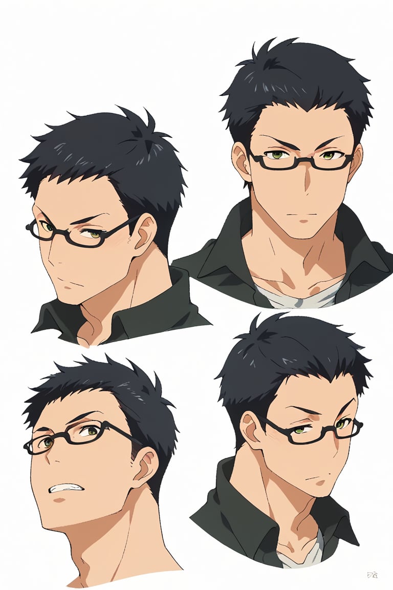 score_8_up, score_7_up, Expressiveh, masterpiece, best quality, best aesthetics, absurdres, perfect anatomy, perfect proportions, high resolution, good colors, bright skin, good shading, countershading, well detailed background, focus male, 1boy, solo, Kurosawa_FK, short hair, black hair, glasses, black eyes, six faces,
different expressions, (reference sheet, expressions, multiple views), 