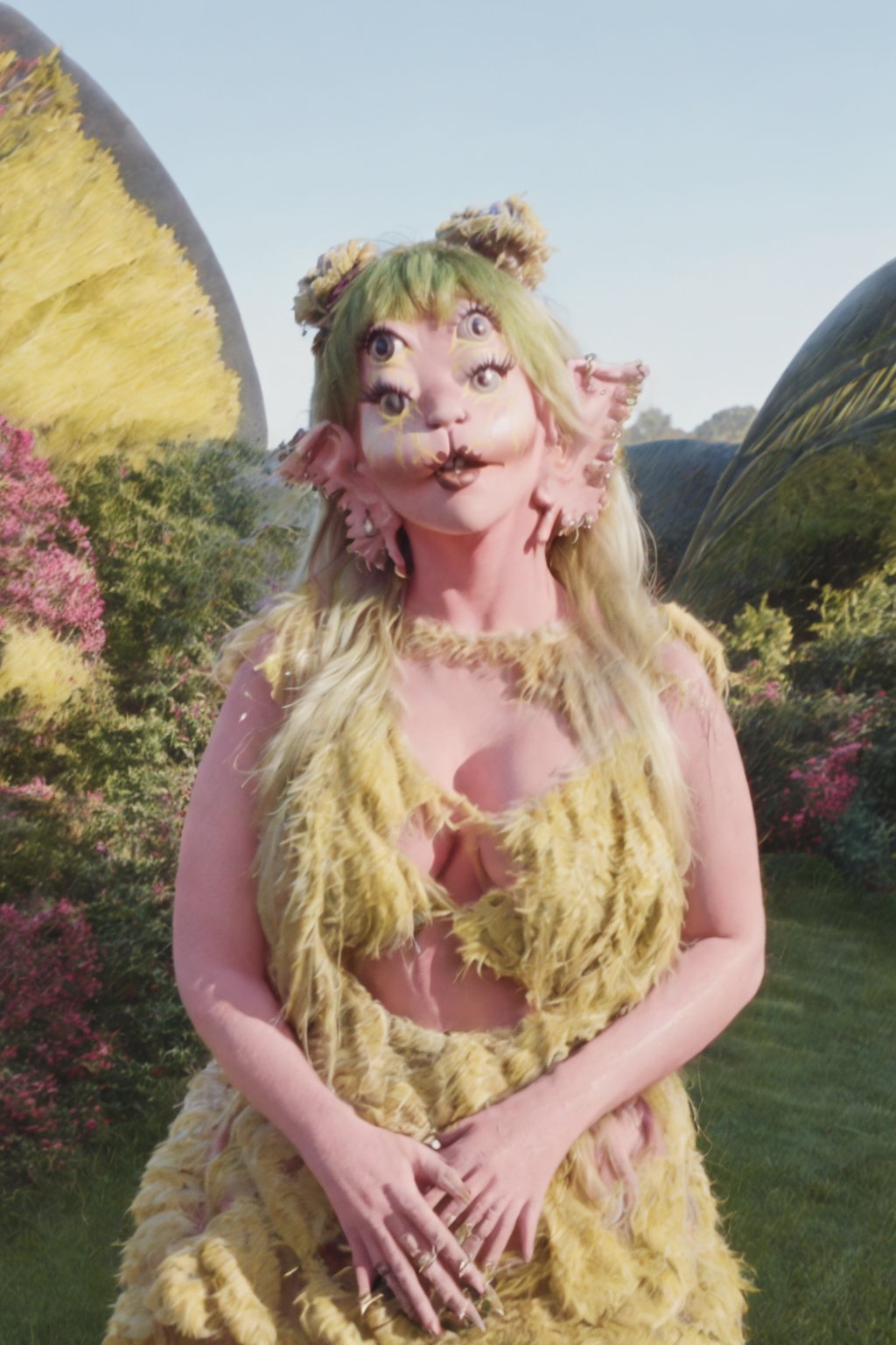 a melanie martinez woman, solo, upper body, skirt, posing, sky,texture skin, standing, blue hair, yellow fur dressed in a costume, posing for a picture, fake face