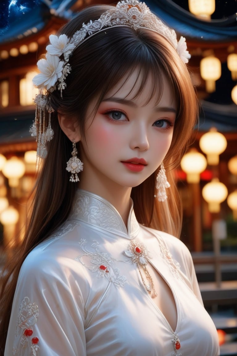 (realistic)  1woman wearing white ao dai,  medium length hair , (medium bust), hair ornaments, detailed face, beautiful eyes, jewelry fantasy japanese shinto shrine setting a complex masterpiece night dynamic perspective ambient lighting 4k resolution extremely detailed

