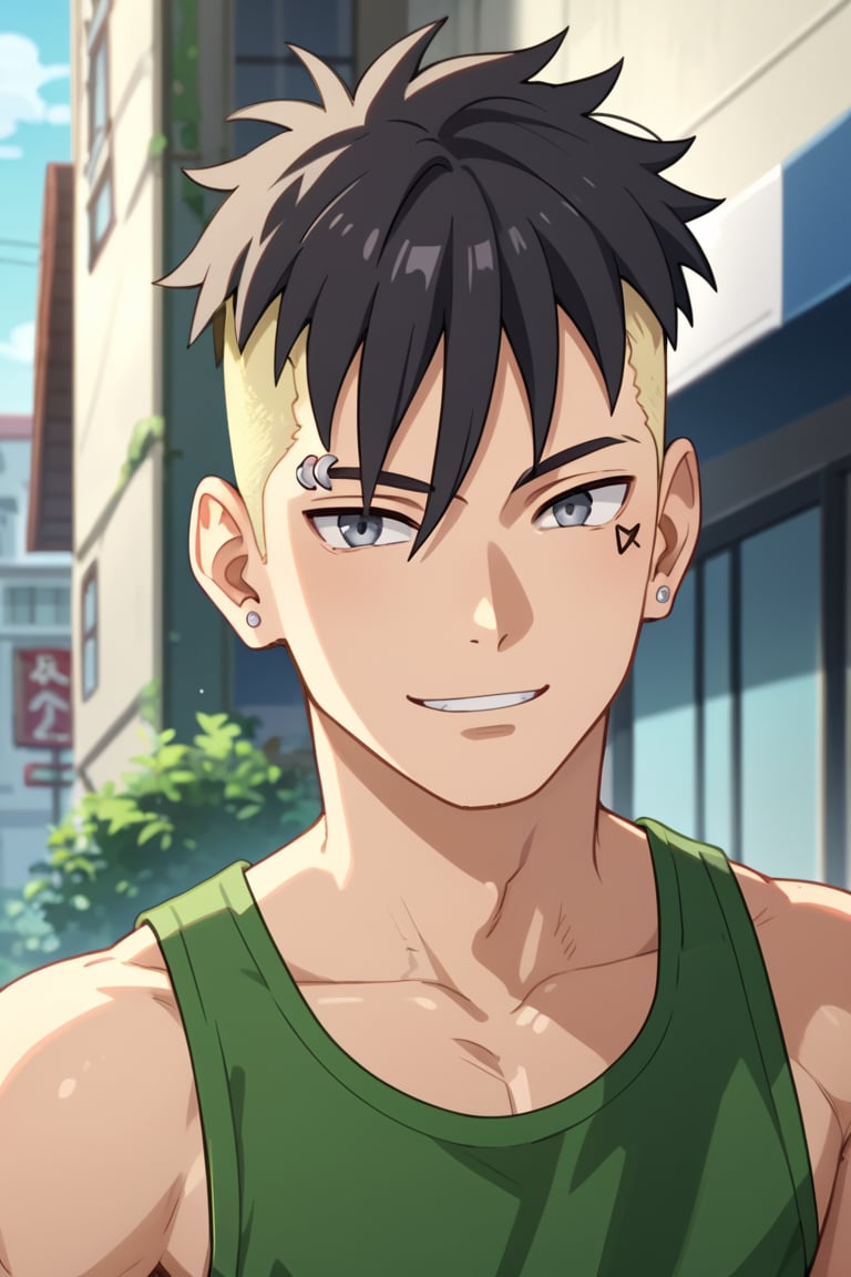 solo,1boy,Kawaki, Bold_Eyes, smiling,grey eyes, (black hair), undercut blonde,manly,(ear_piercing),(slim:1.2),score_9_up, score_8_up,score_7_up,score_6_up,score_5_up,score_4_up,source_anime,BREAK,anime_screencap,facing_viewer,(looking_at_viewer),pov_eye_contact,day,outdoor,(green_tanktop),(front-view),upshot