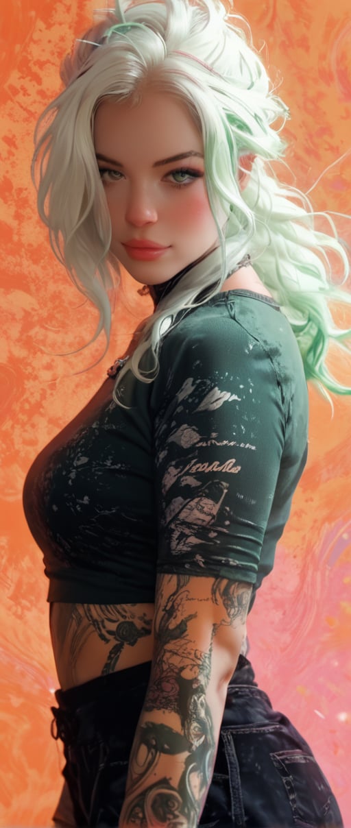 orange, pink, white, green, (white hair woman),tattoos, (techwear clothes:1.1),abstract lines and circles background, score_9,score_8_up,score_7_up,score_6_up