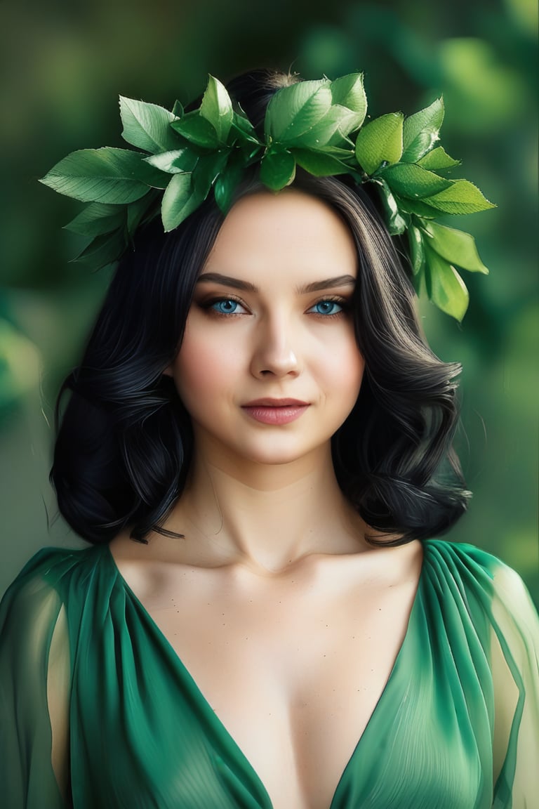 A woman is wearing a green dress. There is a flower crown on top of her head. There are leaves on the crown. The woman has dark hair and blue eyes.
