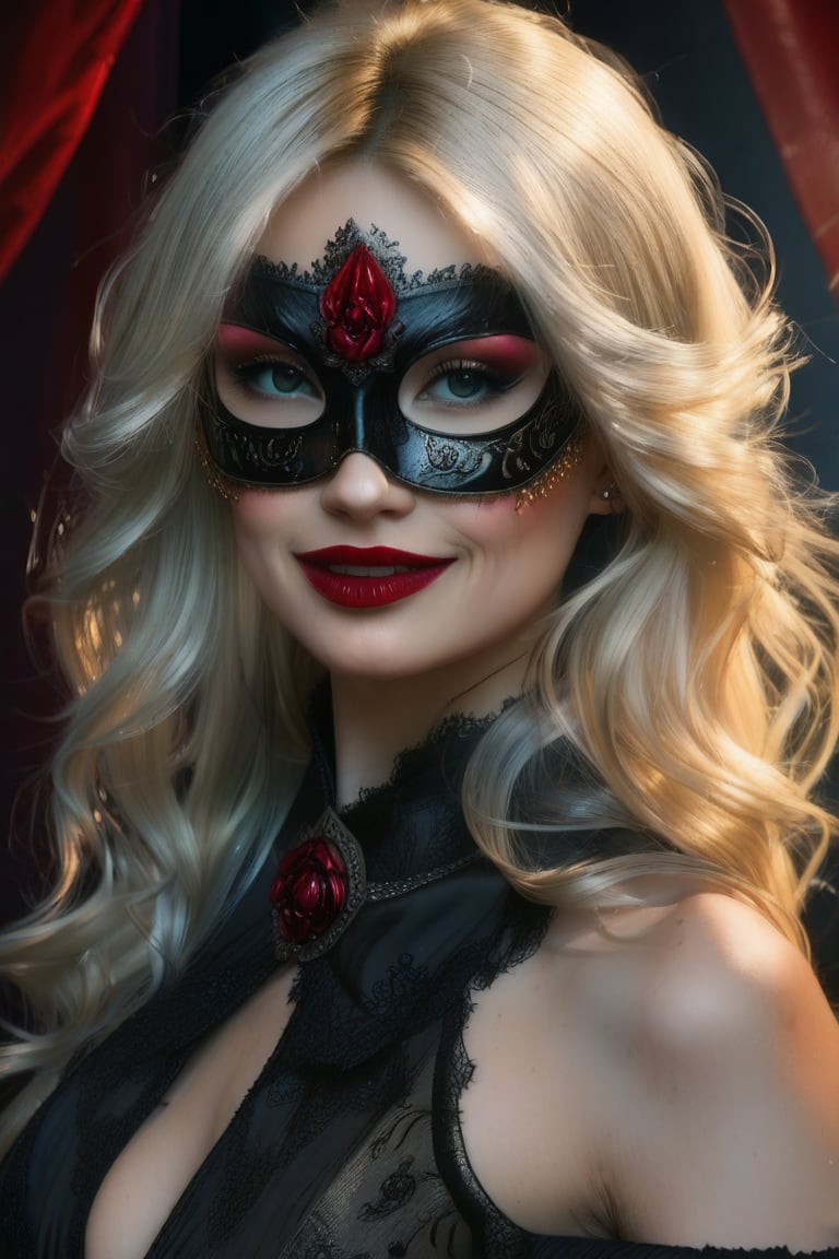 close up on face, great lighting, intricate detail, stunning oriental female battle mage, long two-toned hair, bangs, blonde with red highlights, jewelled earrings, dark eye-make-up, red lips, mask and cape from a masquerade ball, sheer silk dress with clothing cutouts, lace, leather, jewelled masquerade mask, slight smile, direct gaze, side soft light, elegant, gorgeous, highly detailed,, breathtaking, face in sharp focus, detailed face, dutch angle High Detail, Perfect Composition, realistic watercolour photorealistic image, interesting lighting