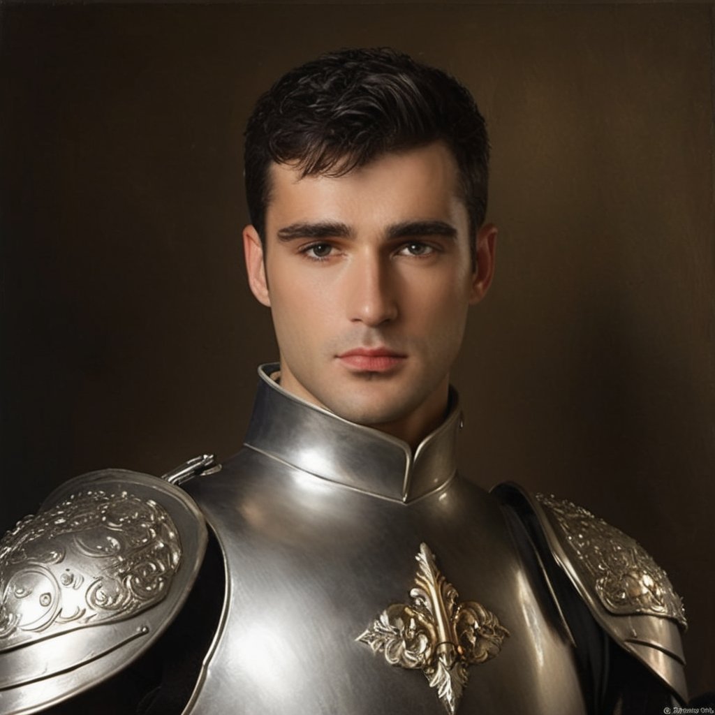 ((white knight)), a handsome man in a High Gothic silver metal plate armor in a beautiful ornemental, ((True Silver)), (((marlon teixera))), short black hair with bangs, outdoors (in a grassland filled with roses and ruins), ethereal, white aura, shiny, youthful, pale skin, thick eyebrows, soft, mythology, medieval, fantasy, young, alpha male, hot, masculine, manly, dark fantasy, 80s fantasy, high fantasy, white armor, defined jawline, crooked nose, hot, , medieval armor, art by wlop, handsome male, facing in front (portrait close-up), renaissance painting, hades armor, jason crew

8k, cinematic lighting, very dramatic, very artistic, soft aesthetic, innocent, art by john singer sargent, greg rutkowski, oil painting, Camera settings to capture such a vibrant and detailed image would likely include: Canon EOS 5D Mark IV, Lens: 85mm f/1.8, f/4.0, ISO 100, 1/500 sec,hdsrmr