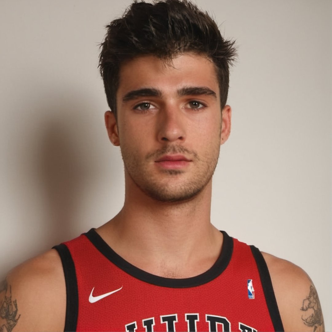 picture of a 20 years old boy, handsome, basketball player, sweaty, tattoos, wearing red basketball jersey, chicago bulls, NBA, caucasian, athlete, hot, thick eyebrows, varsity, stubble, scruffy hair, Chad, 8k, 4k, cinematic lighting, very dramatic, very artistic, soft aesthetic, realistic, masterpiece, ((perfect anatomy): 1.5), best resolution, maximum quality, UHD, life with detail, analog, cinematic moviemaker style, jason crew, gq