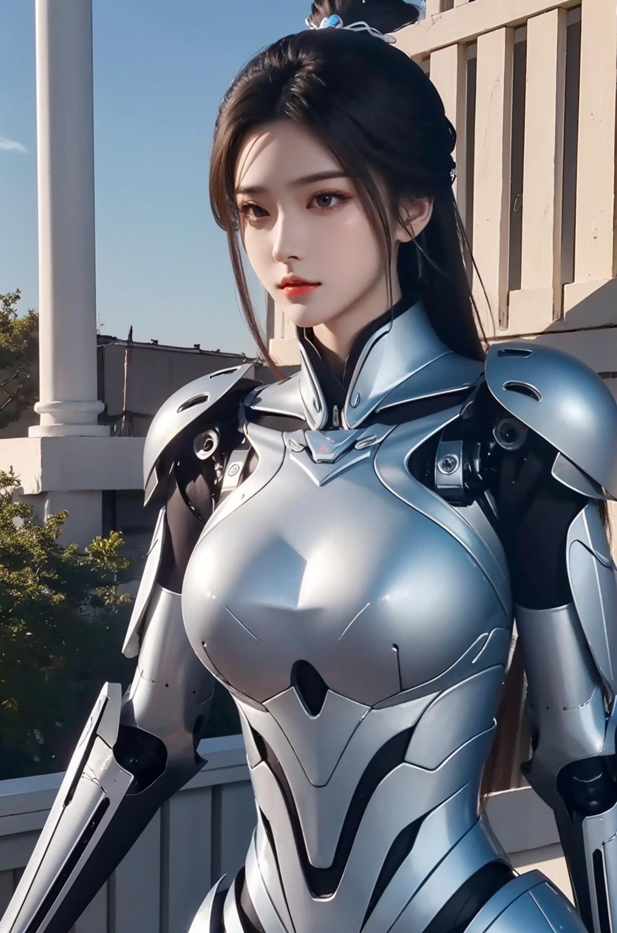 masterpiece,(bestquality),ultra-detailed,1girl,solo,hip up,upper body,accessories,<lora:lu_xueqi_mix:0.5>,lu_xueqi,mecha body,mechanical body,robot joints,outdoor,sky,