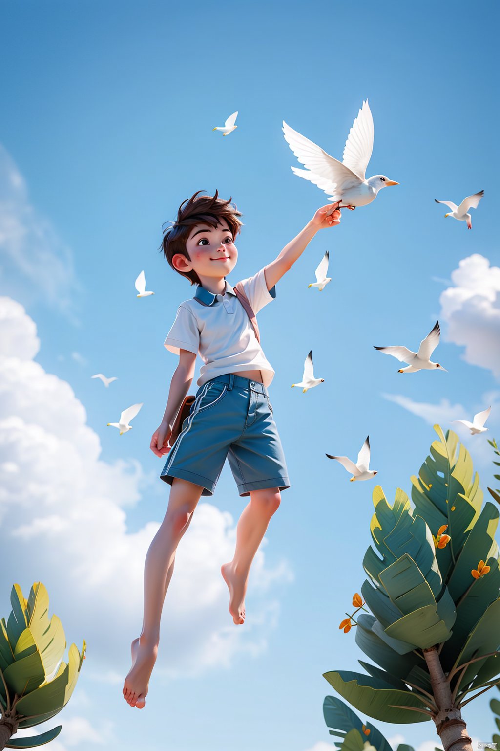 1girl, solo, smile, short hair, brown hair, shirt, 1boy, white shirt, short sleeves, male focus, shorts, barefoot, collared shirt, arm up, bird, blue shorts, pencil, wide shot