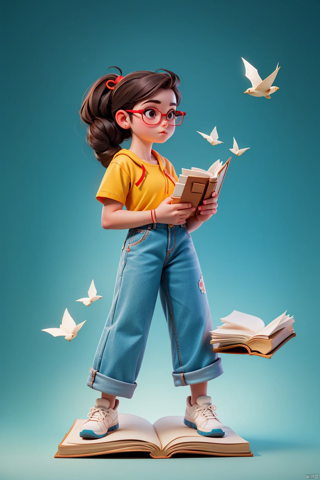 A young girl with long, brown hair tied back by a bright red ribbon, wearing a yellow shirt with short sleeves and blue pants. She stands in profile, holding an open book in one hand while wearing glasses perched on the end of her nose. Her shoes, a vibrant blue, add a pop of color to the scene. Framed by a shallow depth of field, the girl's thoughtful expression is the focal point of this wide shot.