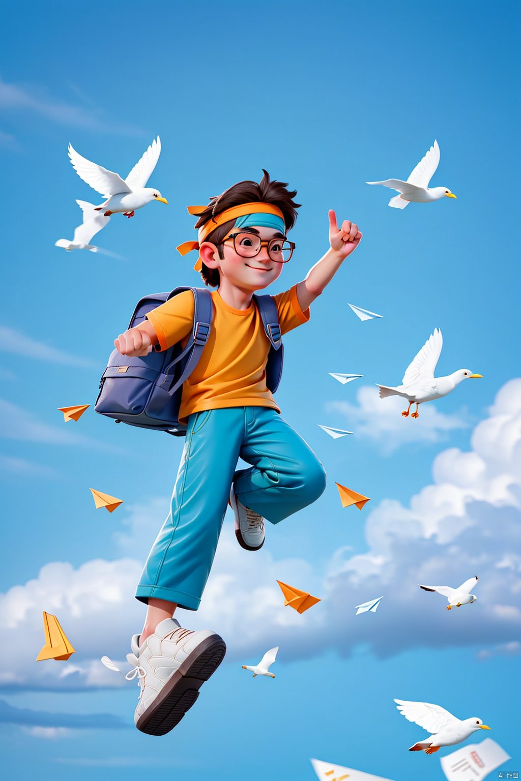 solo, smile, brown hair, shirt, 1boy, short sleeves, male focus, sky, shoes, glasses, day, pants, cloud, bag, english text, blue sky, book, headband, bird, ocean, backpack, pointing, blue shorts, yellow shirt, paper, blue pants, orange shirt, seagull, paper airplane, white bird