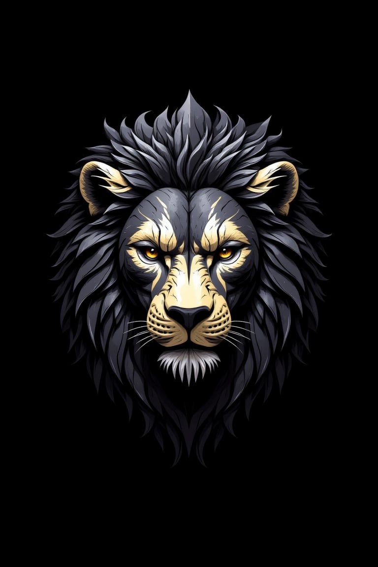 fluxtration,vector art, no humans, mechanical lion face,  animal focus, black background,  solo, simple background