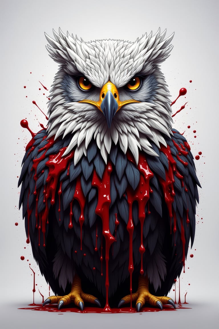 fluxtration,illustration, no humans,eagle, bird, animal focus, grey background, blood, yellow eyes, solo, simple background,bloody