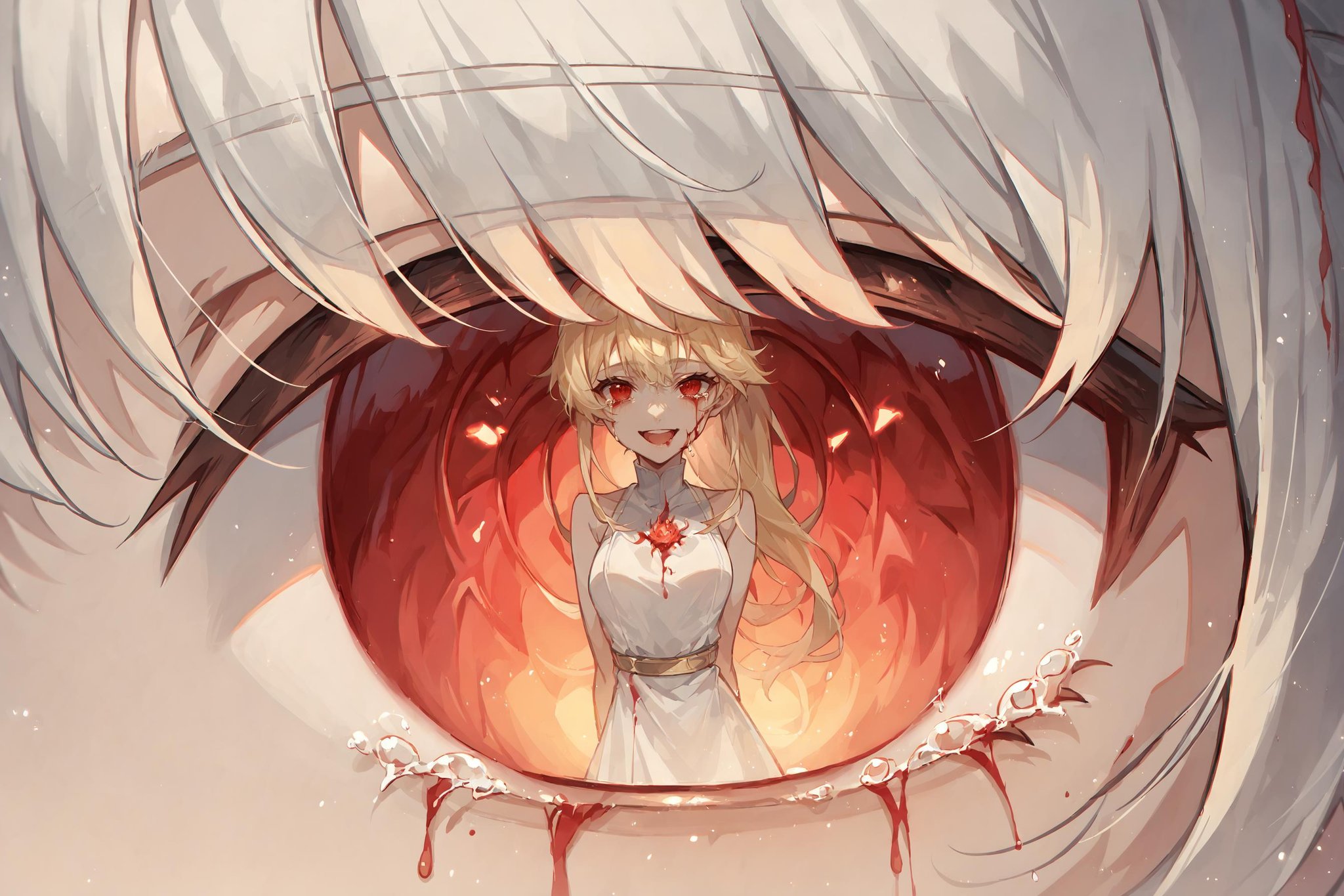 (score_9, score_8_up, score_7_up) BREAK source_anime,eye reflection,red eye,white bangs,fire,blood from eyes,1girl,solo,blonde hair,ponytail,long hair,red eyes,white dress,smile,crying,open mouth,looking at viewer,upper body,arms behind back,<lora:eye_reflection:1>,