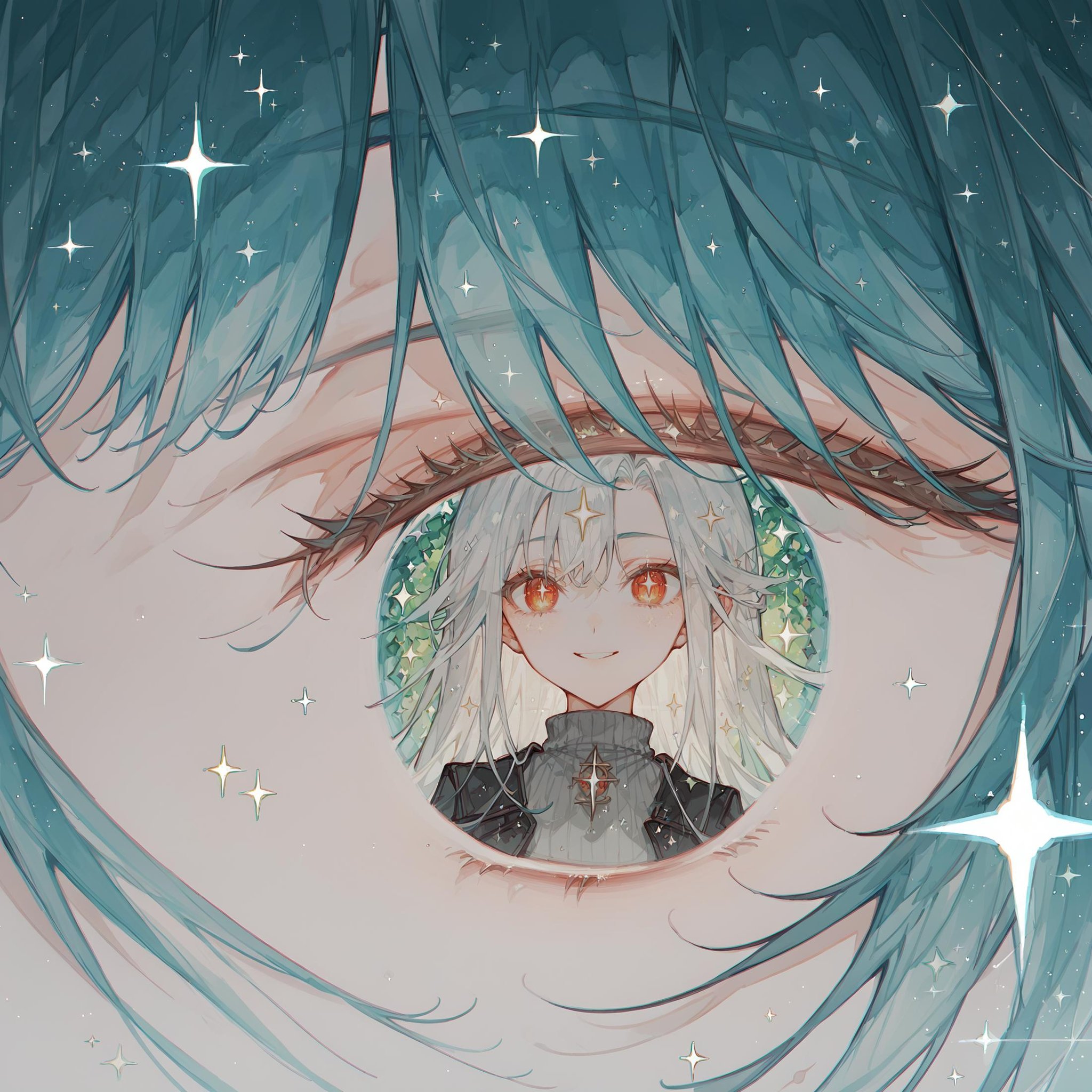 (score_9, score_8_up, score_7_up) BREAK source_anime,eye reflection,green eye,blue bangs,sparkle,1girl,solo,white hair,long hair,red eyes,grey sweater,black coat,smile,looking at viewer,upper body,<lora:eye_reflection:1>,